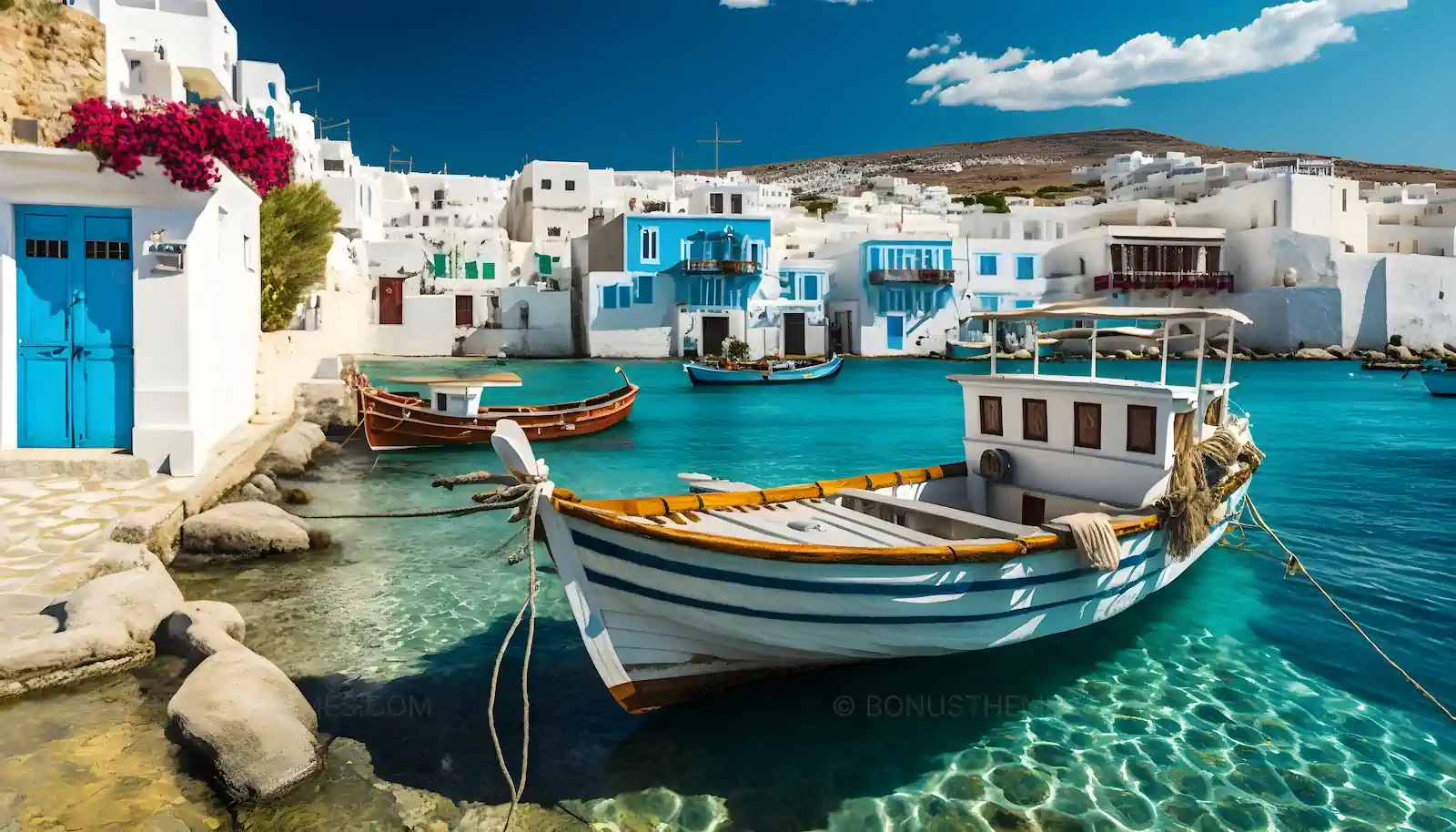 Traditional Fishing Boat in Mykonos Island - Serene Cycladic Harbor AI Image