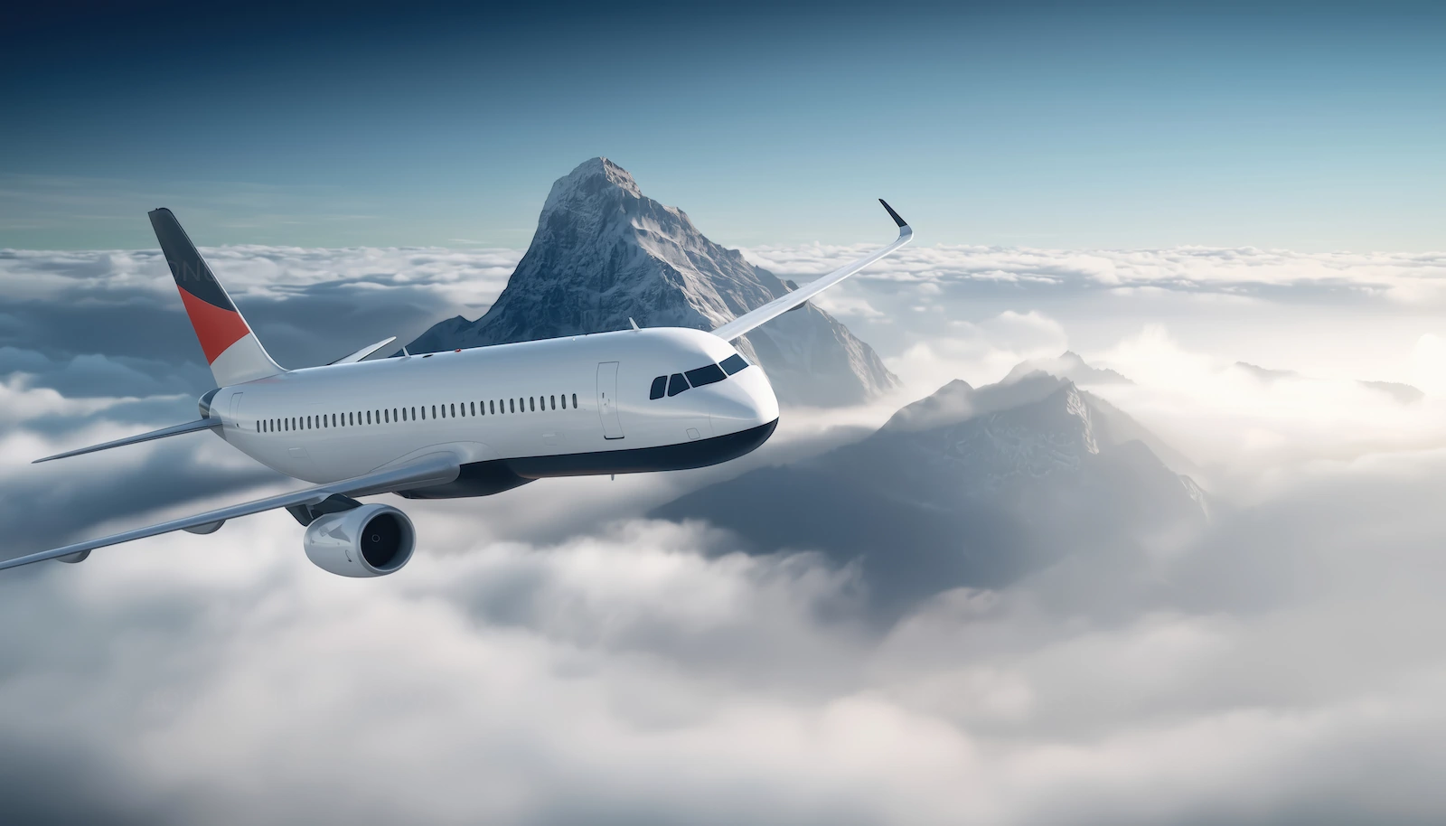 Airplane Flying Over Snow-Capped Mountains Above Clouds | AI Image