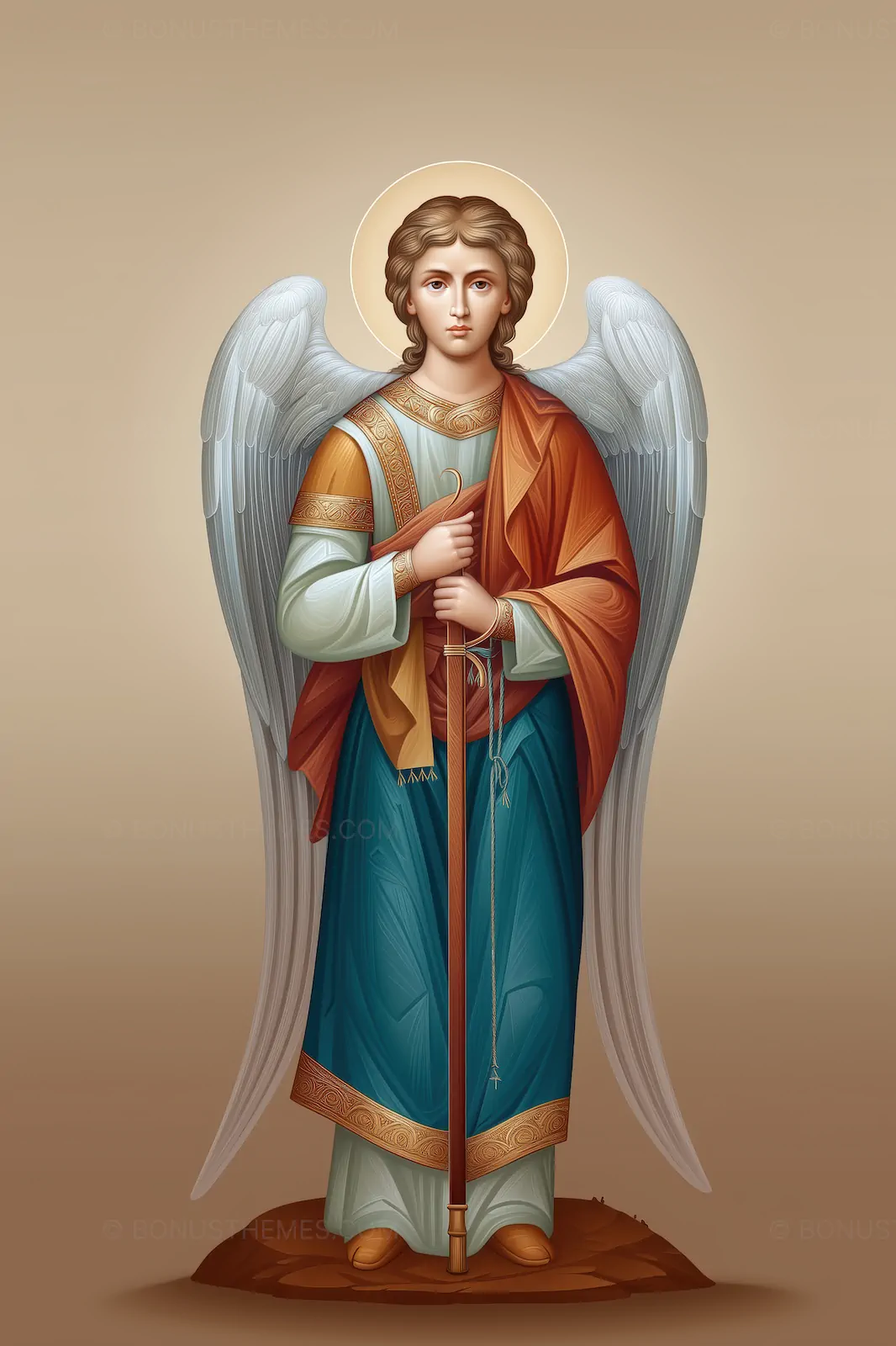 Angel Icon in Green and Orange Holding Sword - AI Generated Sacred Spiritual Art