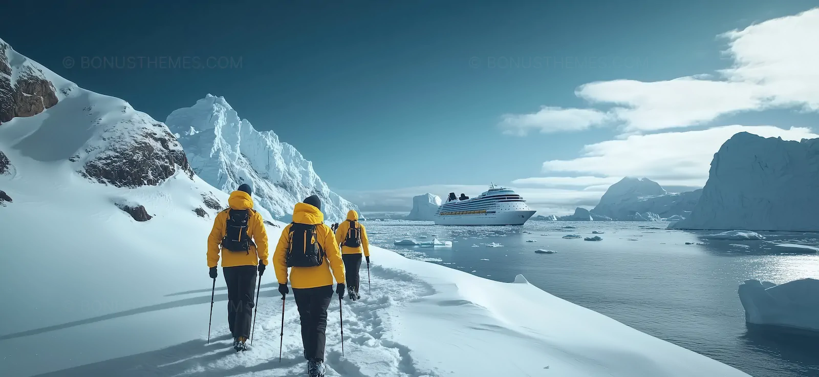 Arctic Expedition Hikers - Polar Landscape with Cruise Ship | AI Image
