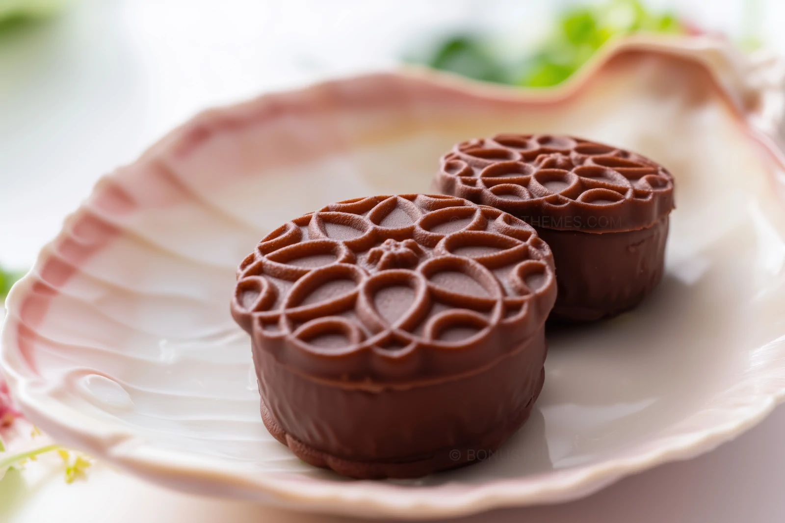 Artisan Chocolates with Intricate Floral Patterns in Shell Plate | AI Food Art