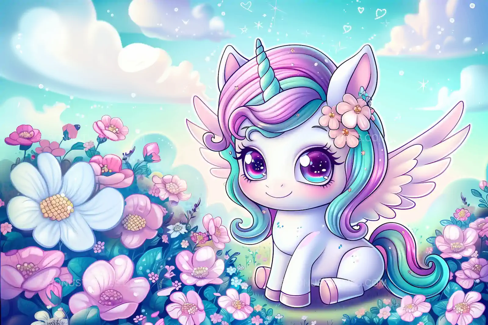 Baby Unicorn Among Flowers - Magical Fantasy Design | AI Generated Image