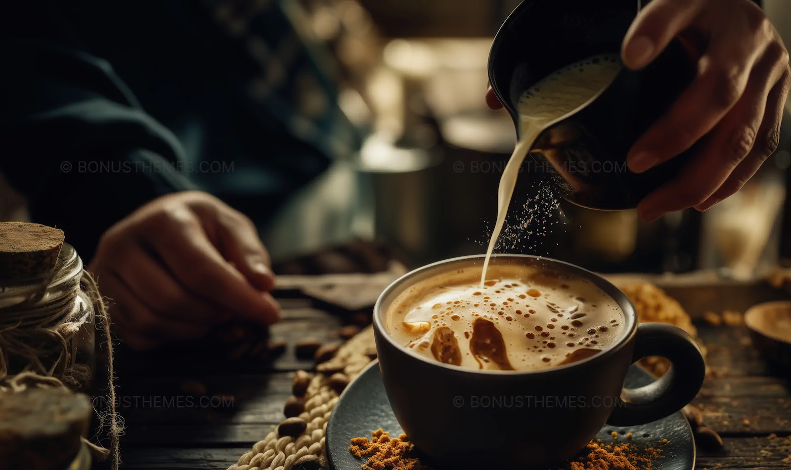 Hand Pouring Steamed Milk into a Dark Ceramic Coffee Cup | Atmospheric AI Generated Barista Craft Illustration