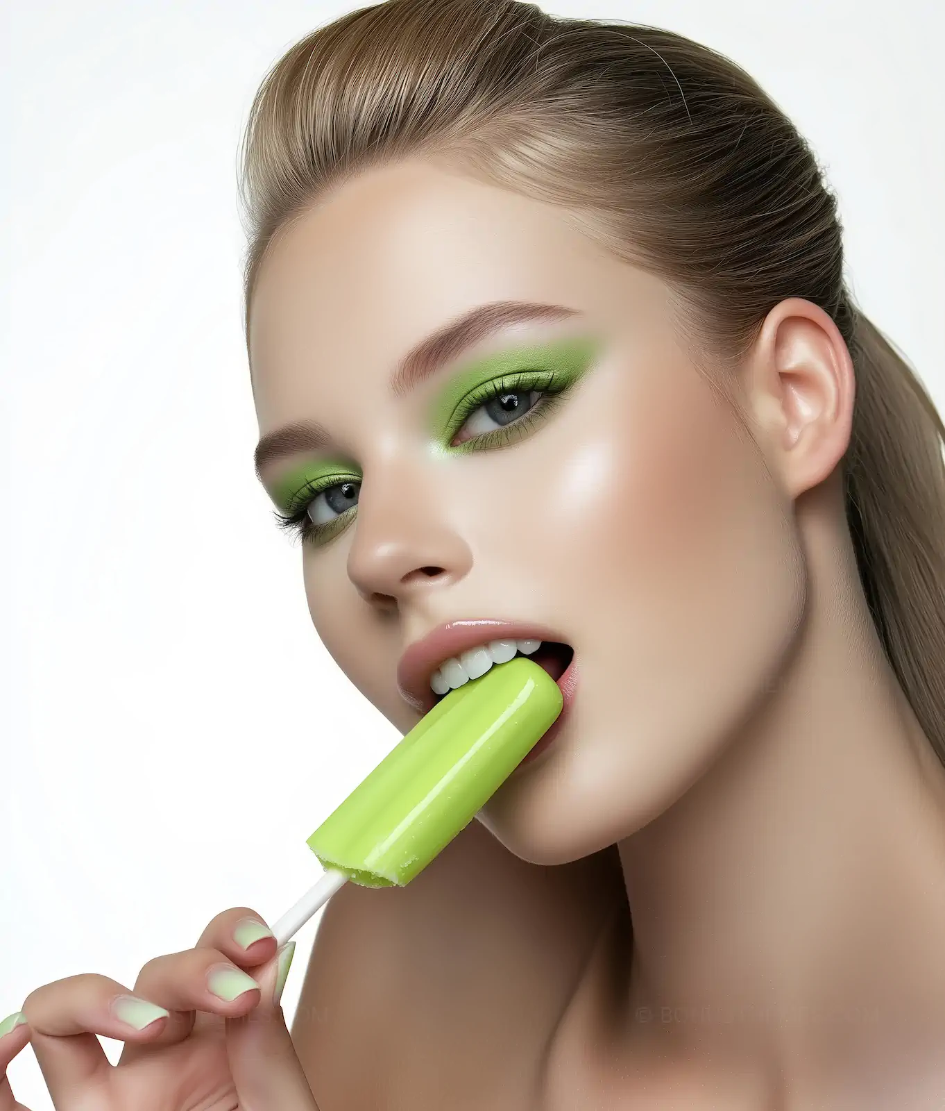 Beauty Portrait with Green Popsicle | Vibrant Summer Makeup AI Generated Image