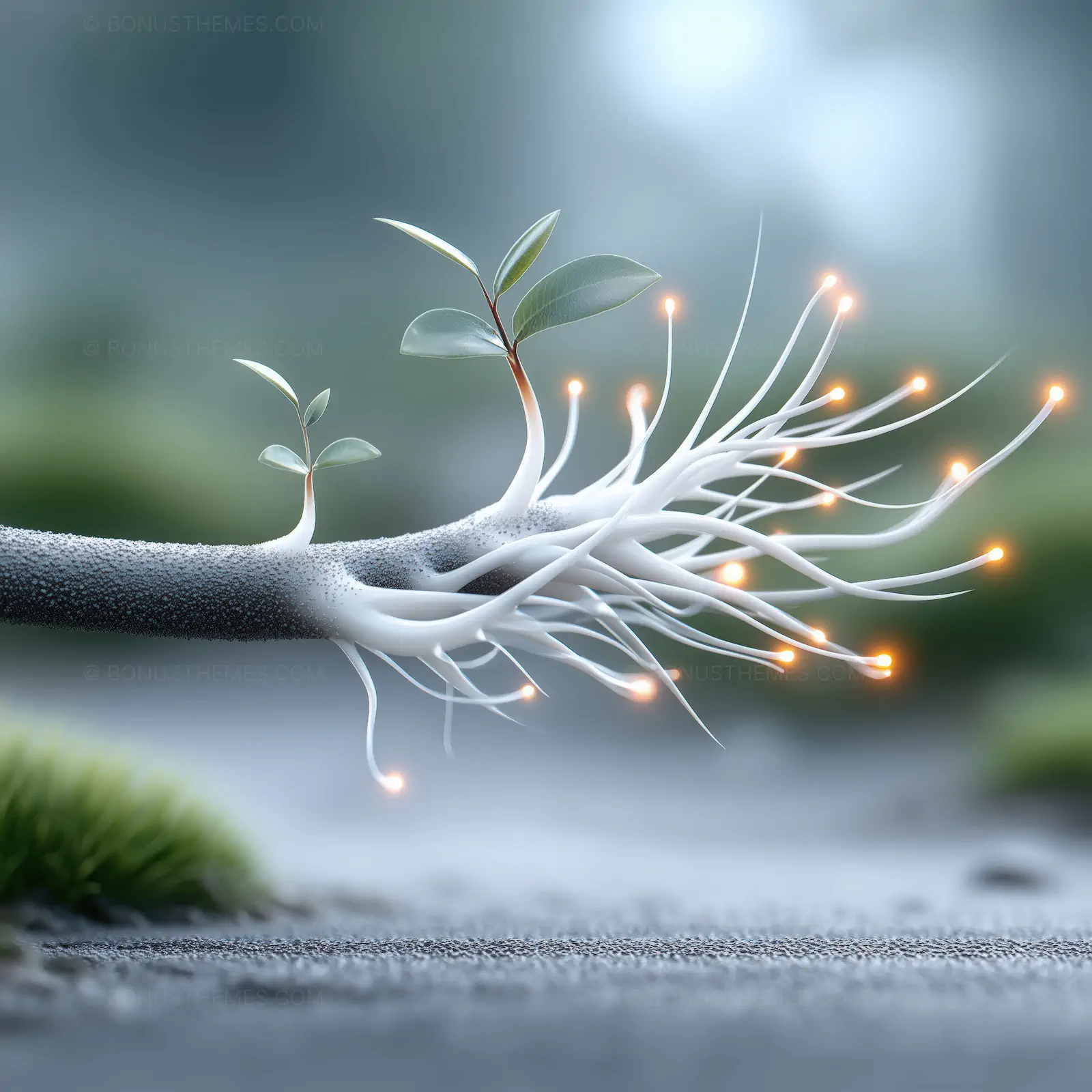 Digital Branch with Glowing Fiber Optic Buds and Fresh Leaves | Futuristic AI Generated Bio-Tech Evolution Concept