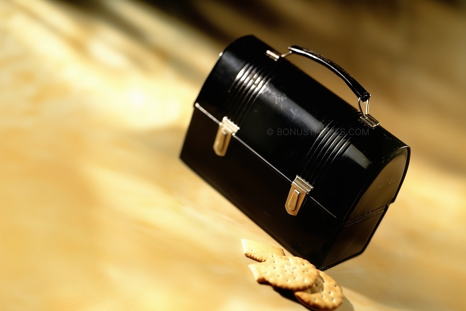 Black Lunch Box with Silver Handle and Crackers on Table | AI Image