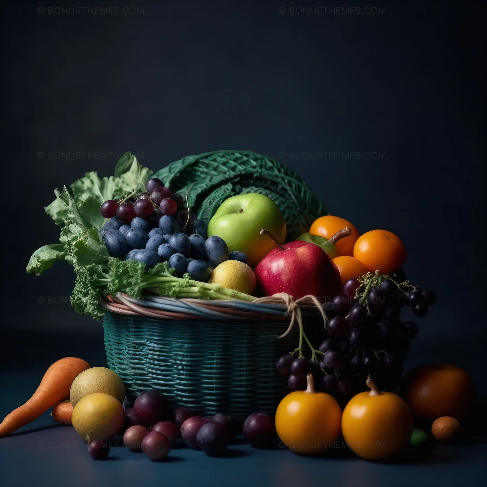 Blue Basket Overflowing with Fresh Vegetables and Fruits | Dynamic AI Generated Healthy Food Illustration