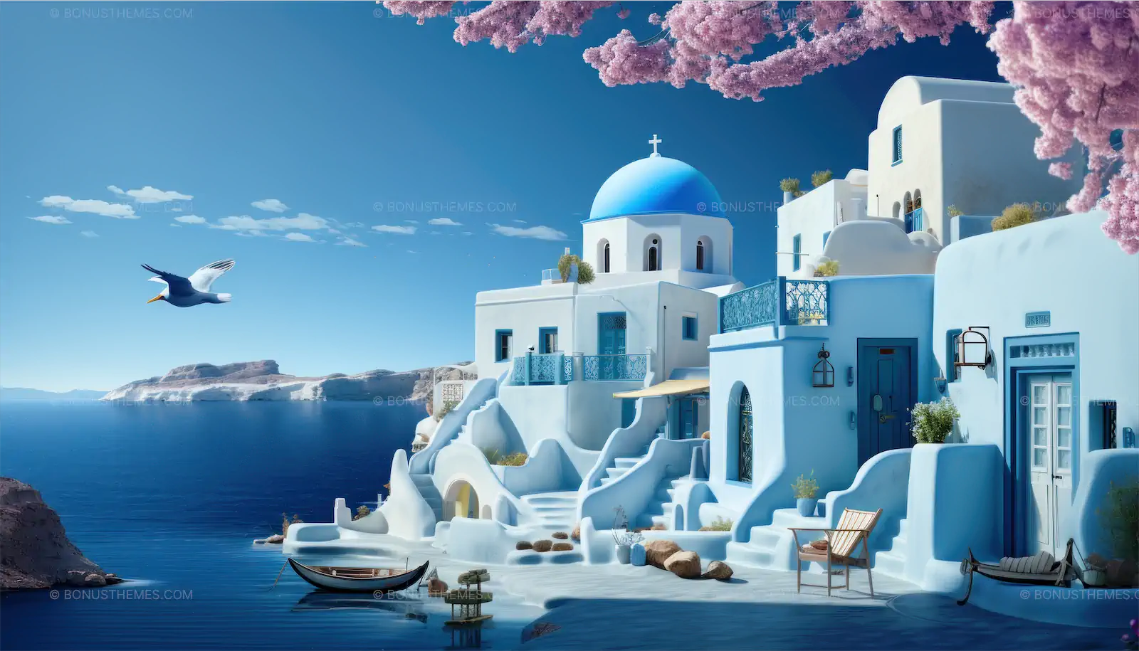Blue Dome Building by the Beach Overlooking the Sea - AI Generated Santorini Seascape