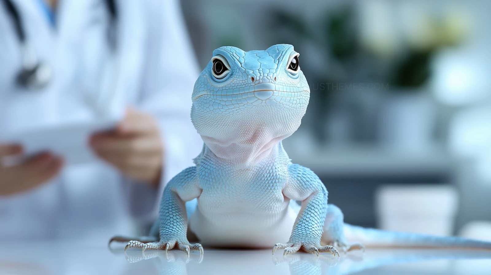 Blue Iguana on Examination Table | Exotic Reptile Veterinary AI Image