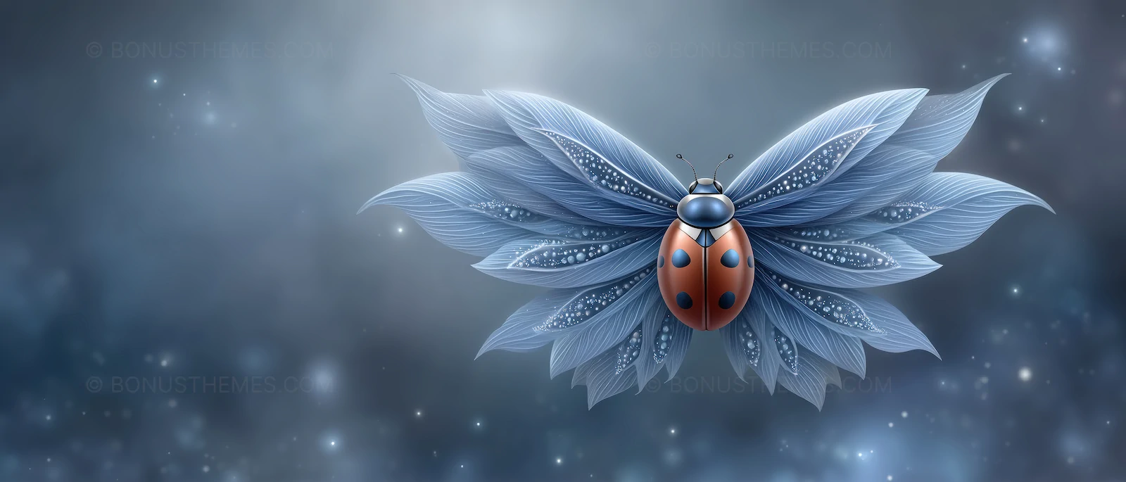 Blue and Red Ladybug Flying Over Blue Background - Whimsical AI Image