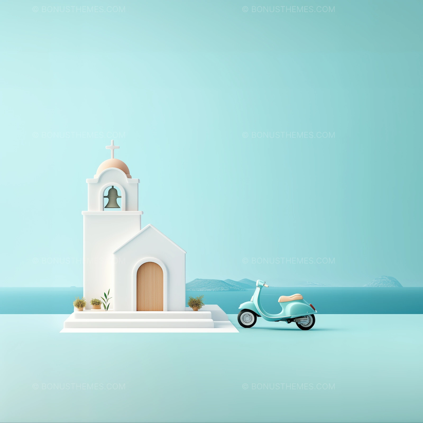 Blue Scooter in Front of White Church by the Ocean | Travel AI Image