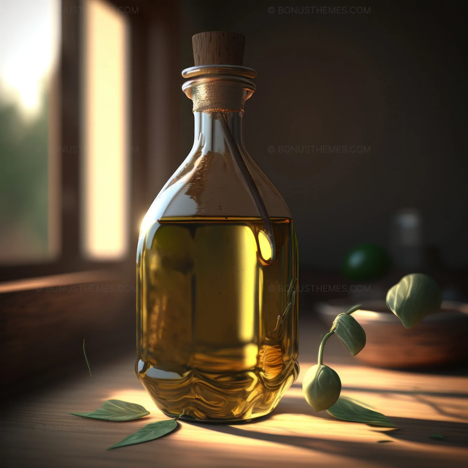 Bottle of Olive Oil Next to a Leafy Green Plant | Natural Wellness AI Generated Image
