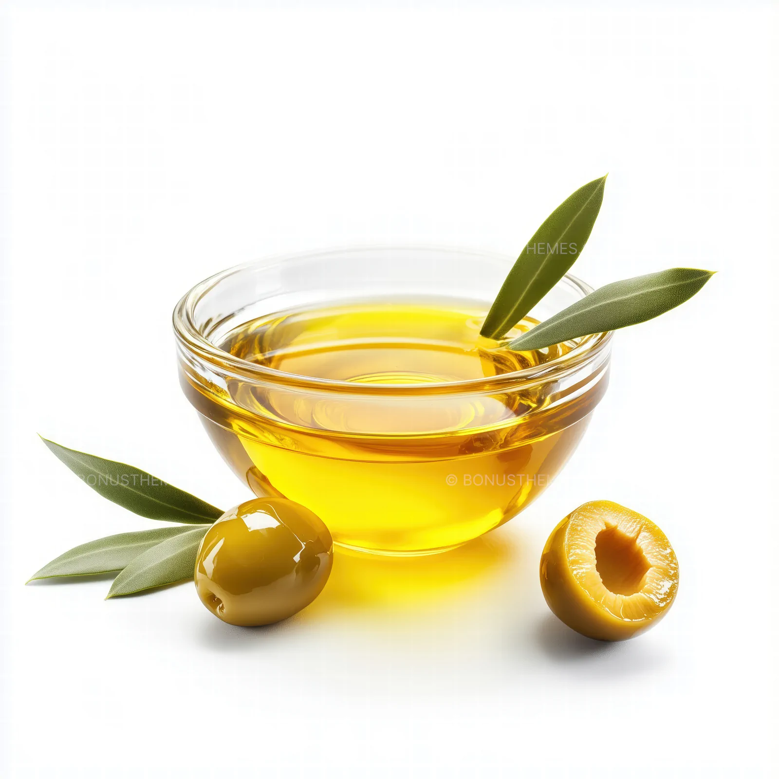 Bowl of Olive Oil with Fresh Olive Garnish | Gourmet Mediterranean AI Visual