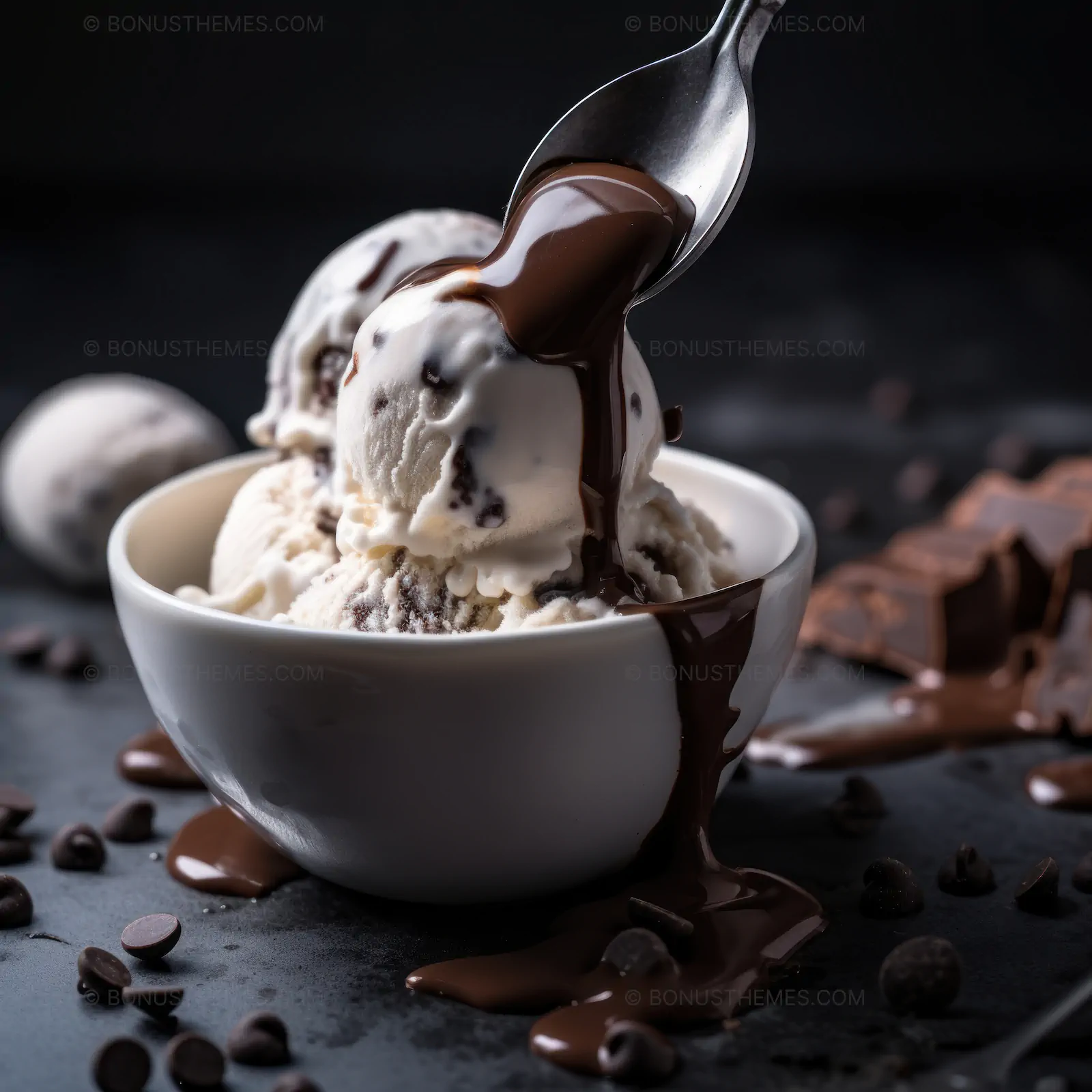 Bowl of Ice Cream with Chocolate Sauce on Black Surface | Gourmet AI Generated Dessert Image
