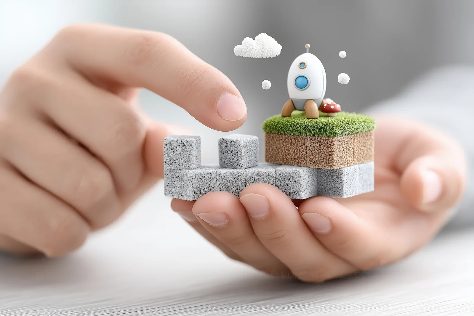 3D Business Growth Concept with Rocket and Building Blocks | Innovative AI Generated Startup Illustration