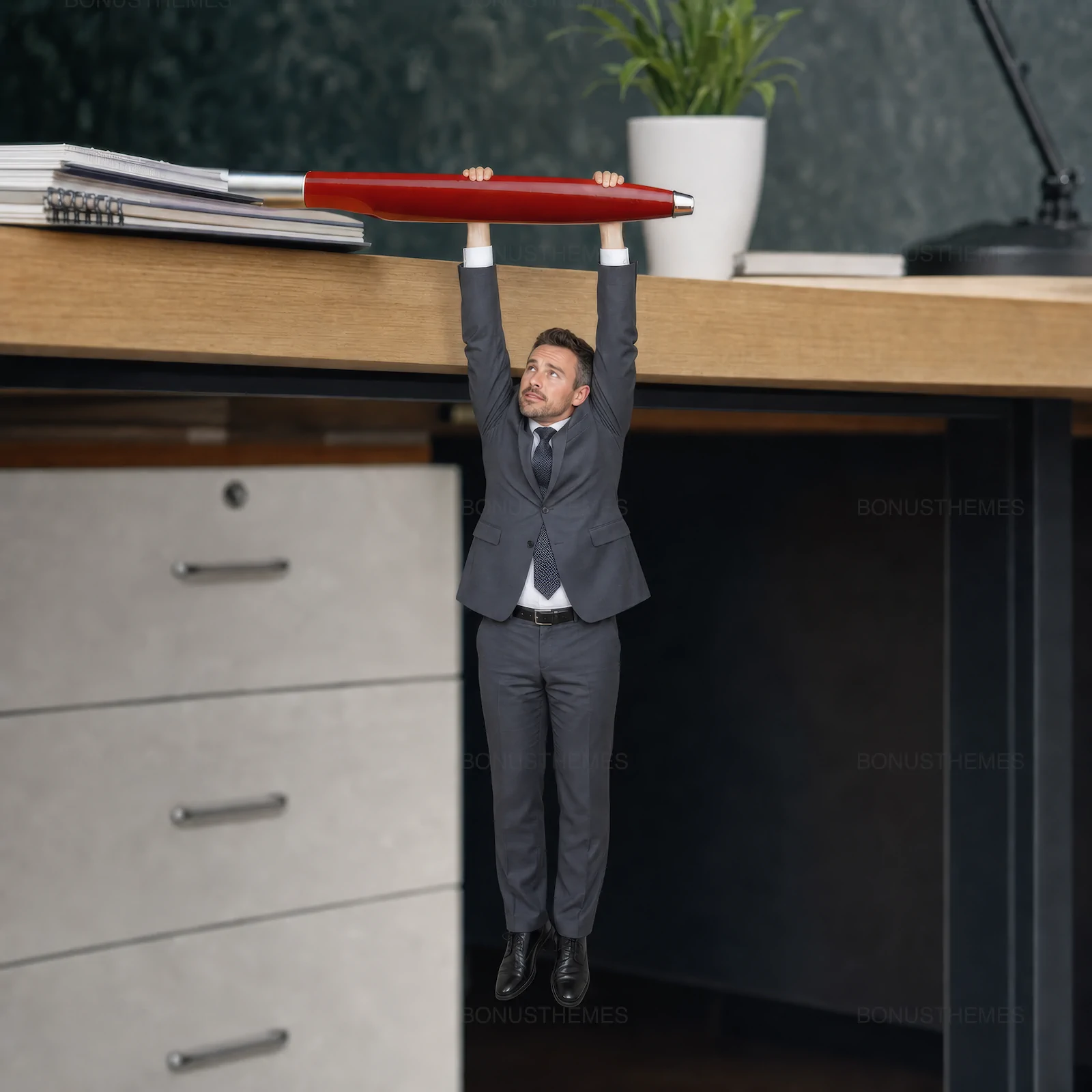 Businessman Hanging From Desk Pen | Conceptual Office Workload Photo