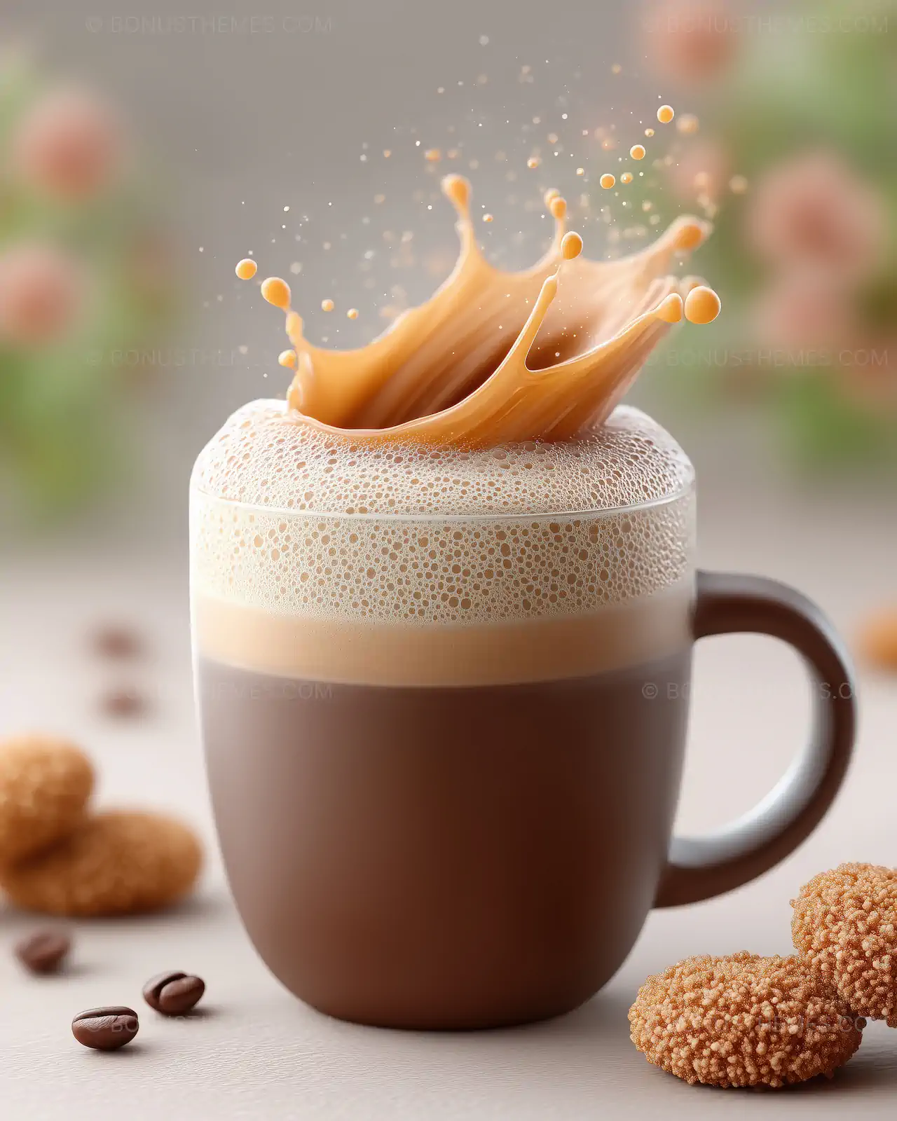 Cappuccino Splash in a Brown Ceramic Mug | Dynamic AI Generated Coffee Art with Cookies