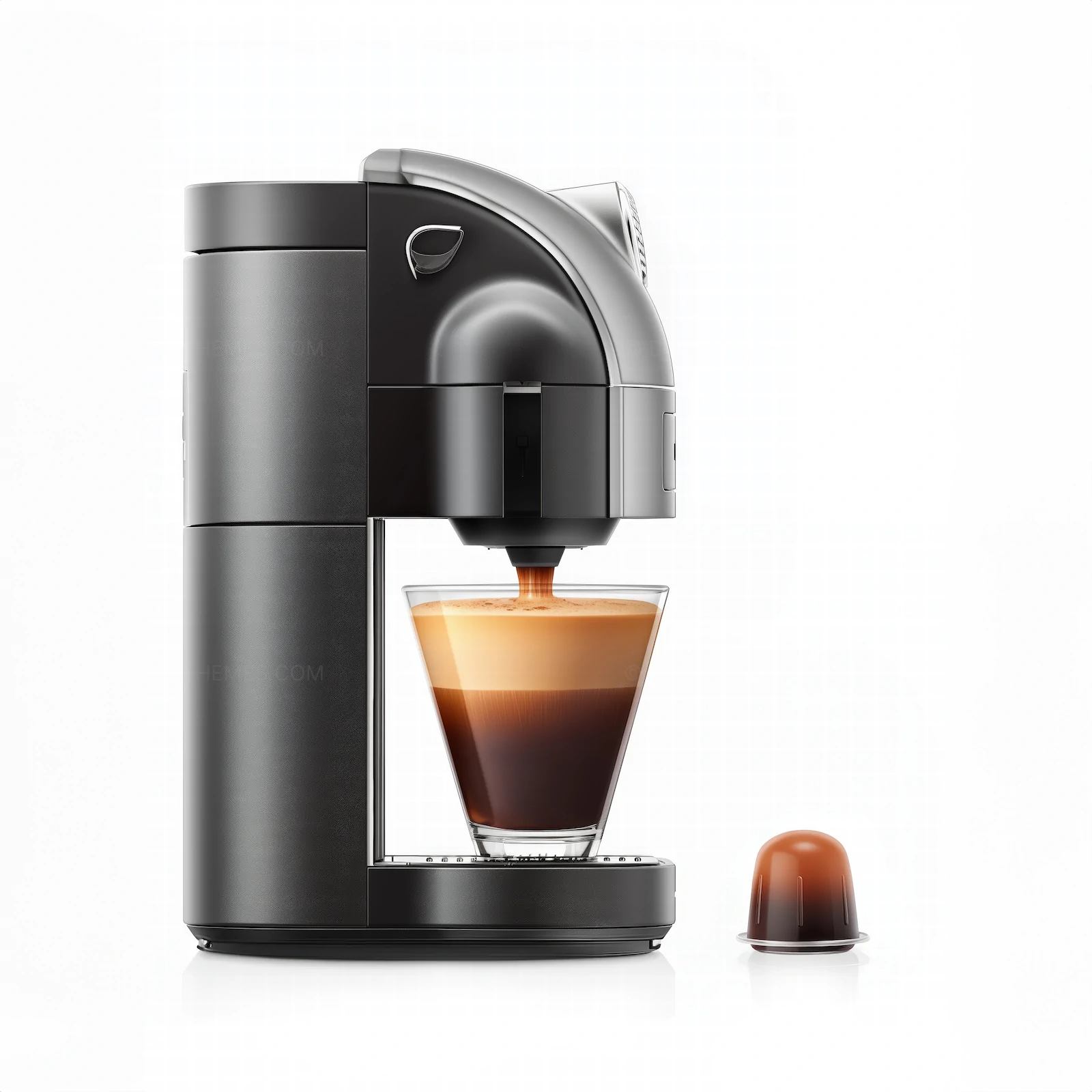 Side-View of Modern Capsule Coffee Machine Extracting Espresso | Minimalist AI Generated Appliance Illustration