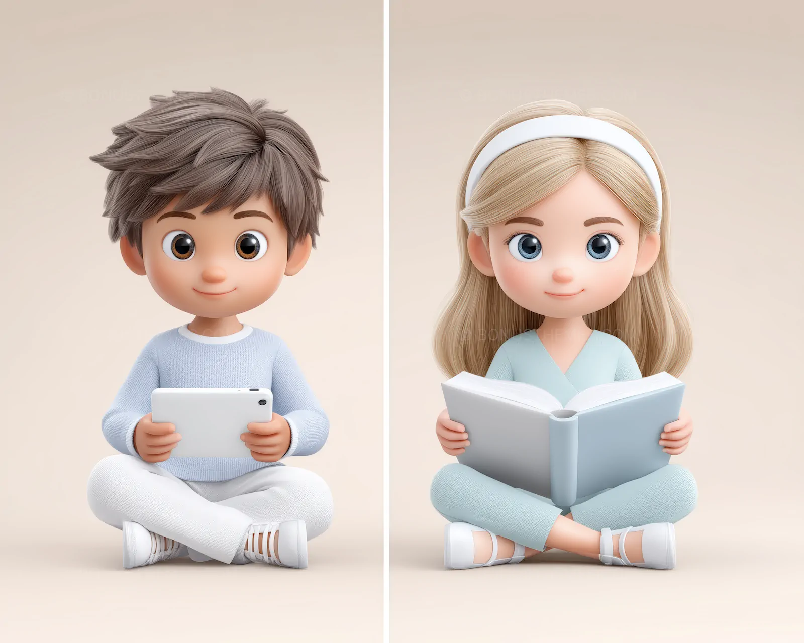 Cartoon Kids Reading & Tablet - Cute Educational Illustration | AI Image