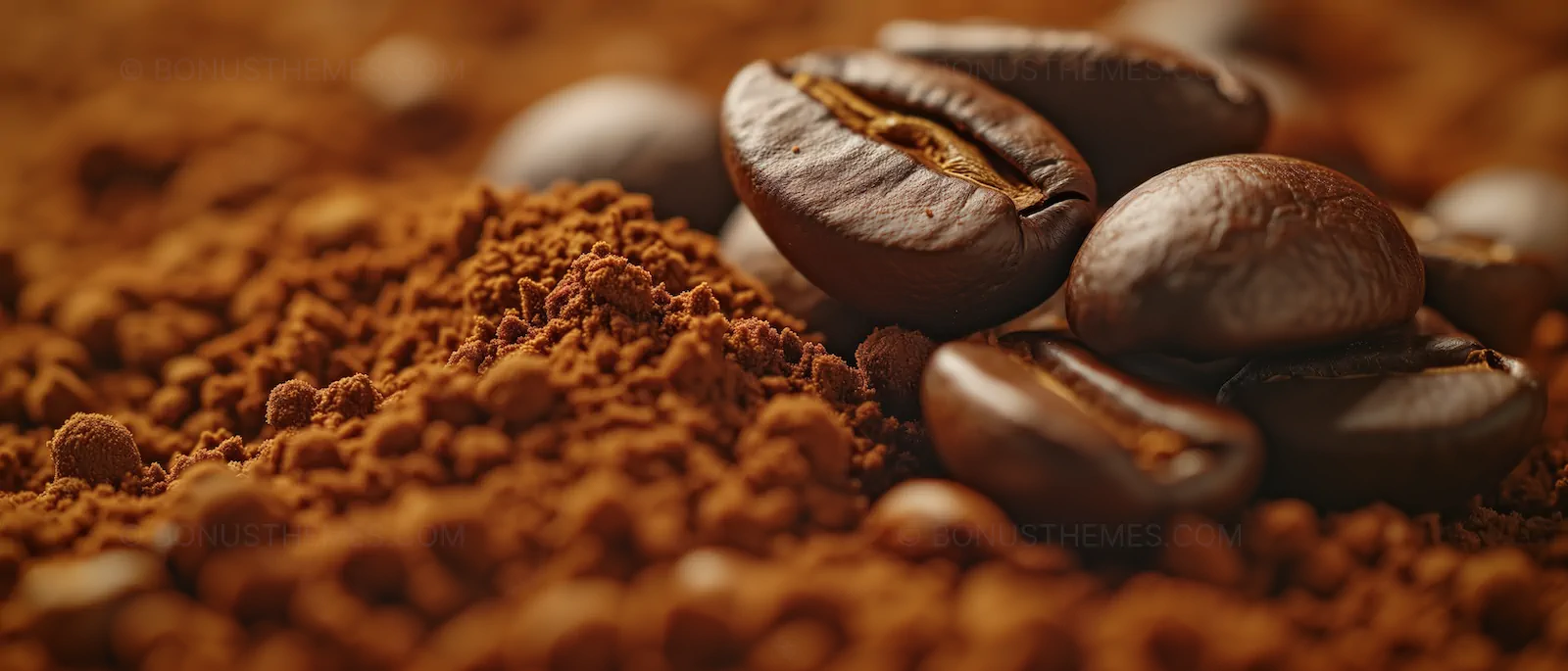 Coffee Beans with Ground Coffee Pile | Premium Aromatic AI Beverage Image