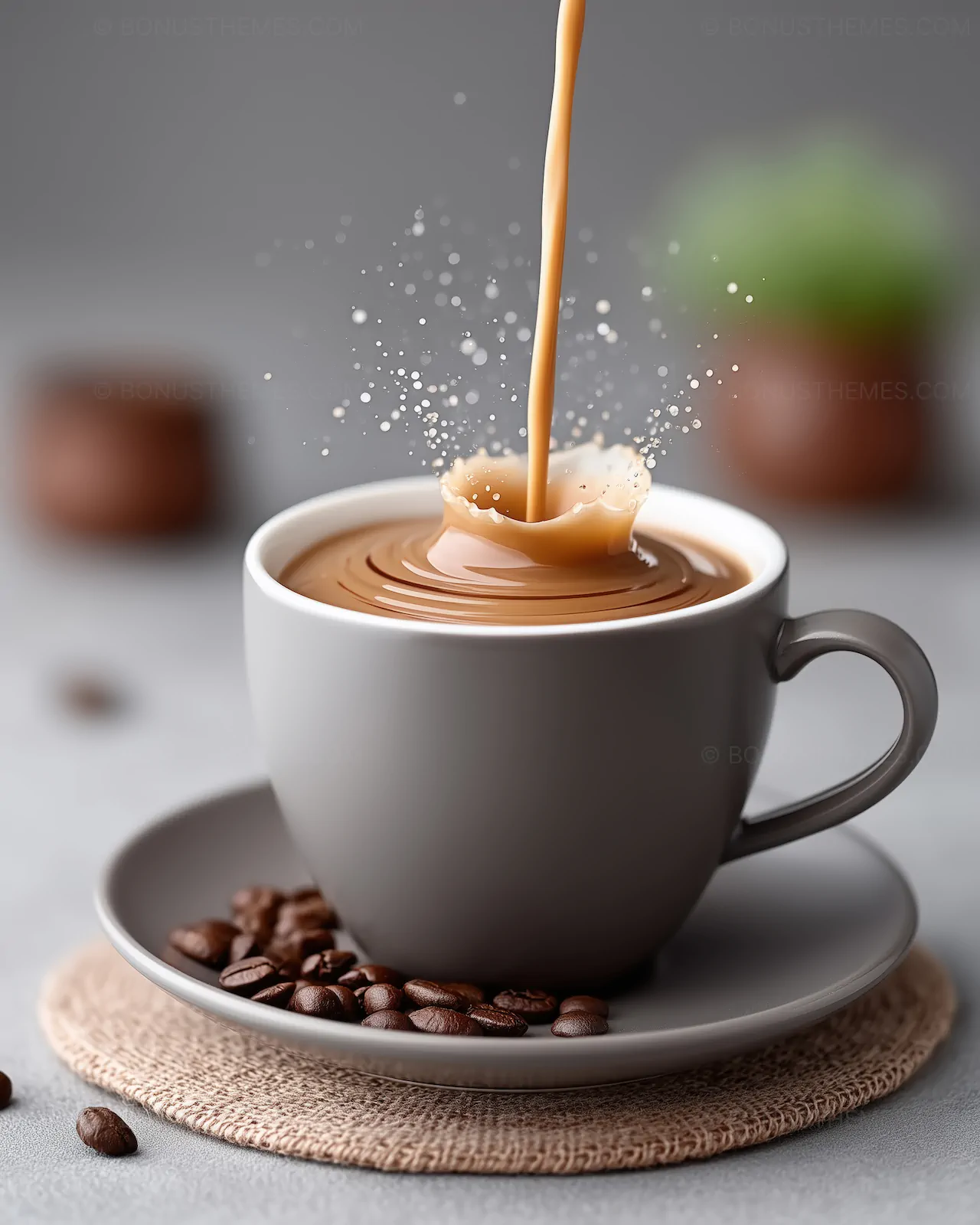 Creamy Coffee Pouring into a Grey Ceramic Cup with Splash Effect | Elegant AI Generated Morning Coffee Illustration