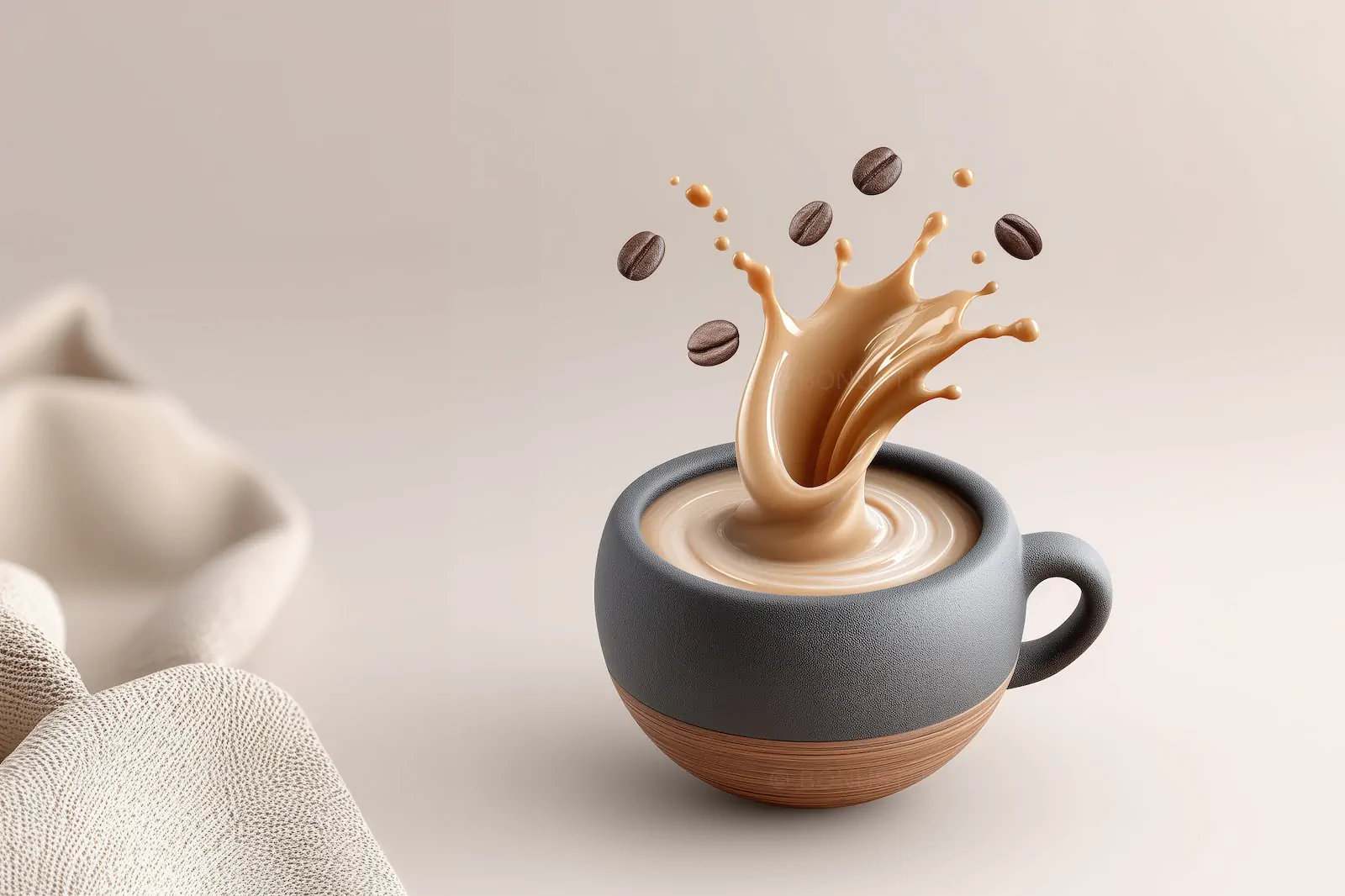 Creamy Coffee Splash in Textured Gray Mug with Floating Beans | Minimalist AI Generated Beverage Illustration