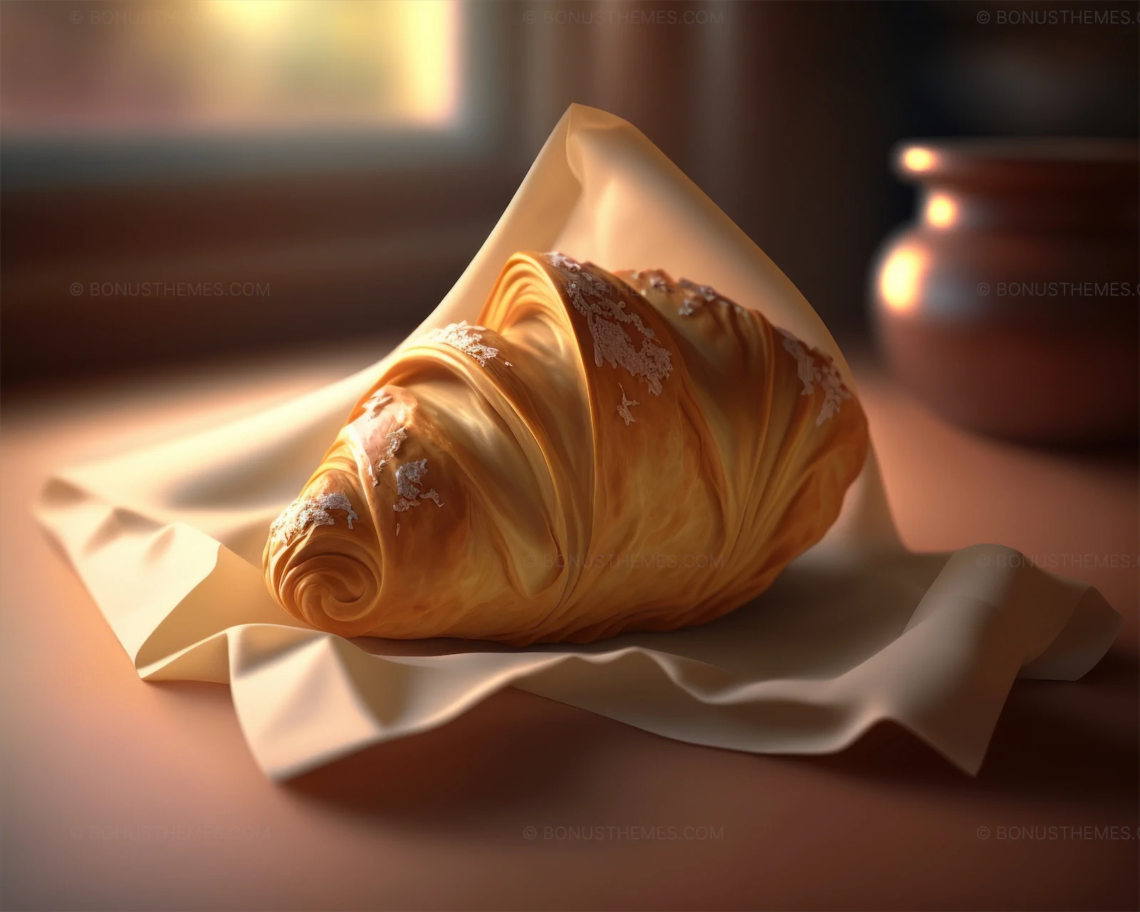 Flaky Golden Croissant with Rich Creamy Filling on a Napkin | Delectable AI Generated Bakery Illustration