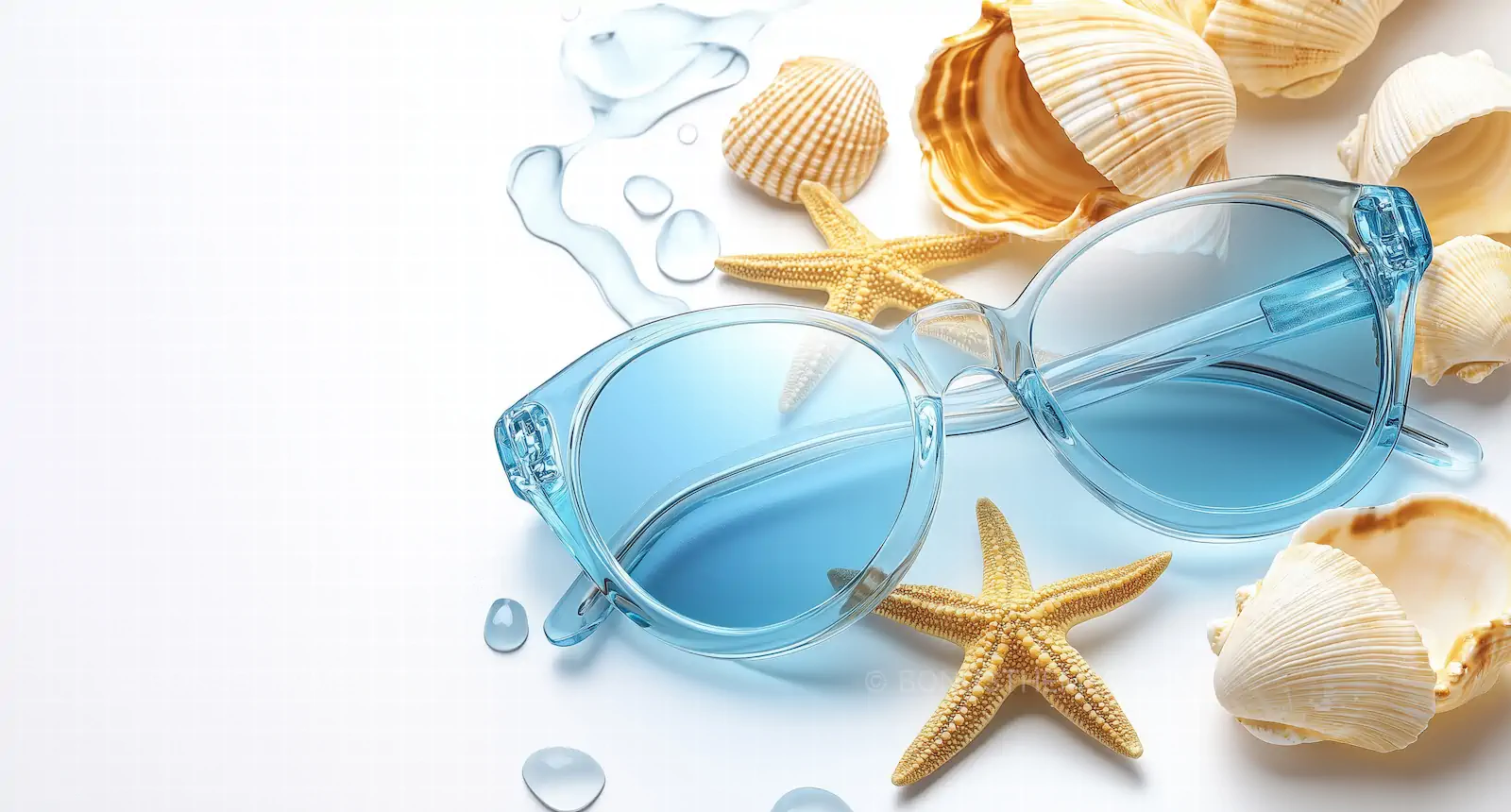 Crystal Blue Summer Mockup | Stylish Azure Eyewear with Starfish and Seashells AI Generated Image