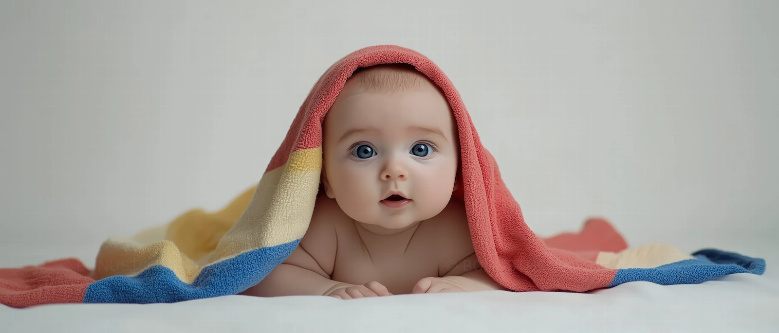 Cute Baby Under Colorful Towel | Soft & Pure AI Infancy Image
