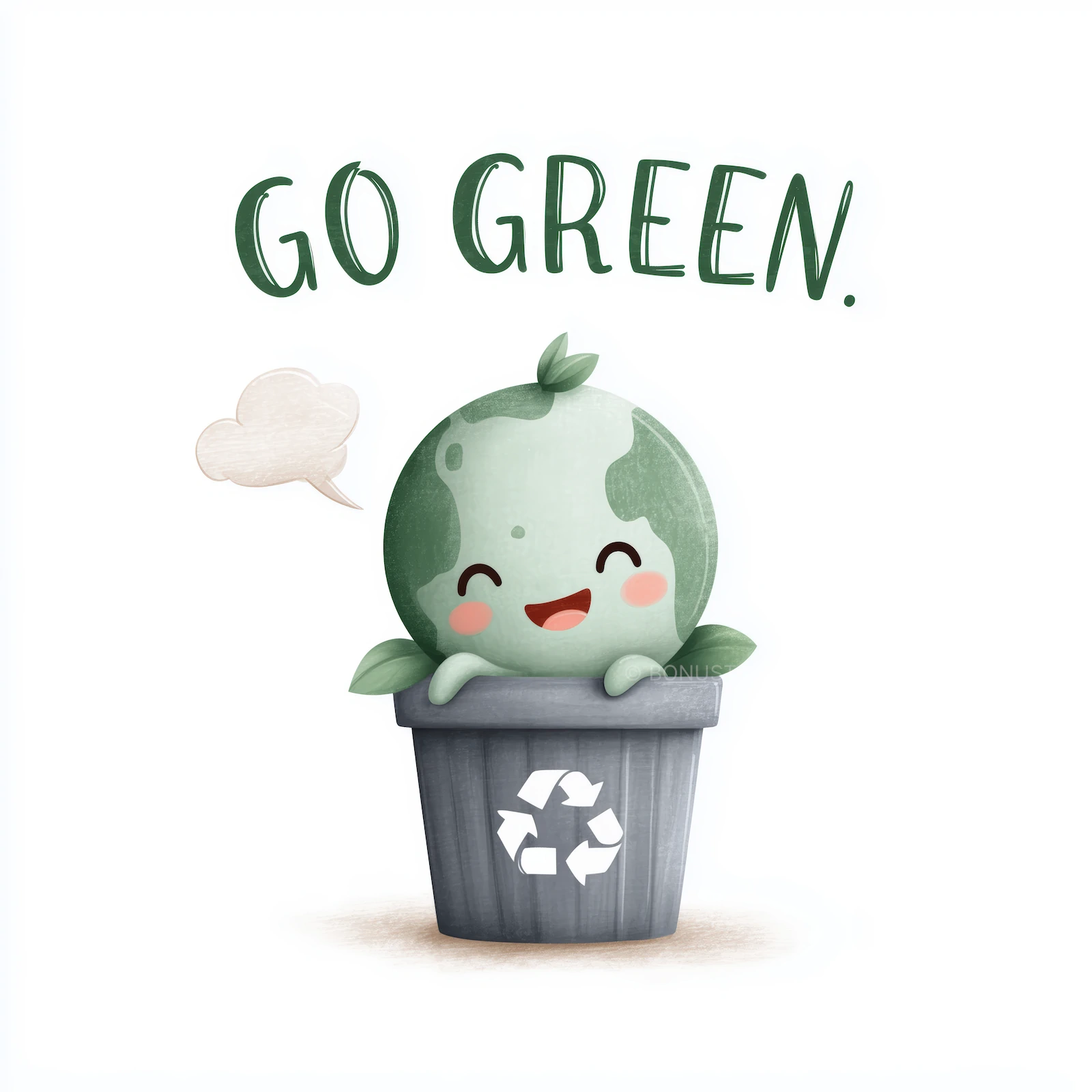 Cute Cartoon Plant in Trash Can with “Go Green” | Eco-Friendly AI Image