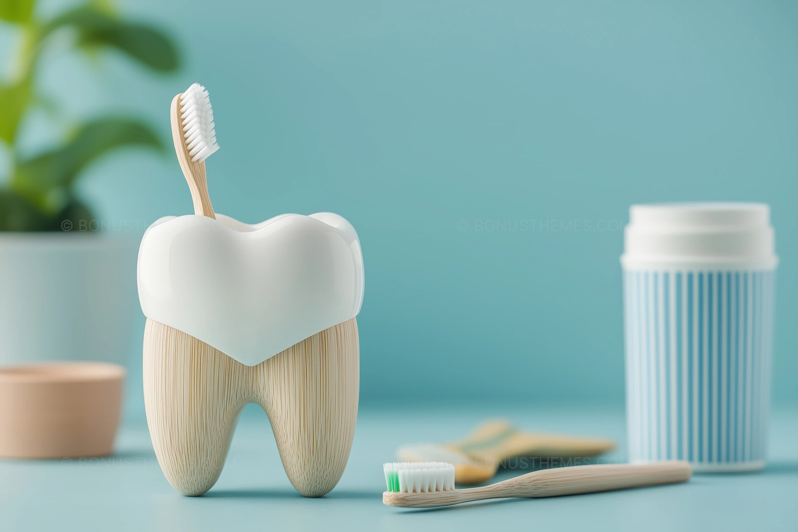 Dental Care Concept with Tooth Model and Bamboo Toothbrushes | AI Image