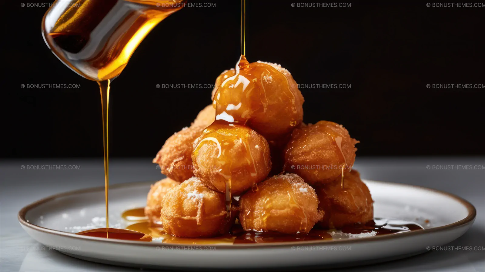 Plate of Golden Donuts with Dripping Syrup - AI Generated Dessert Image