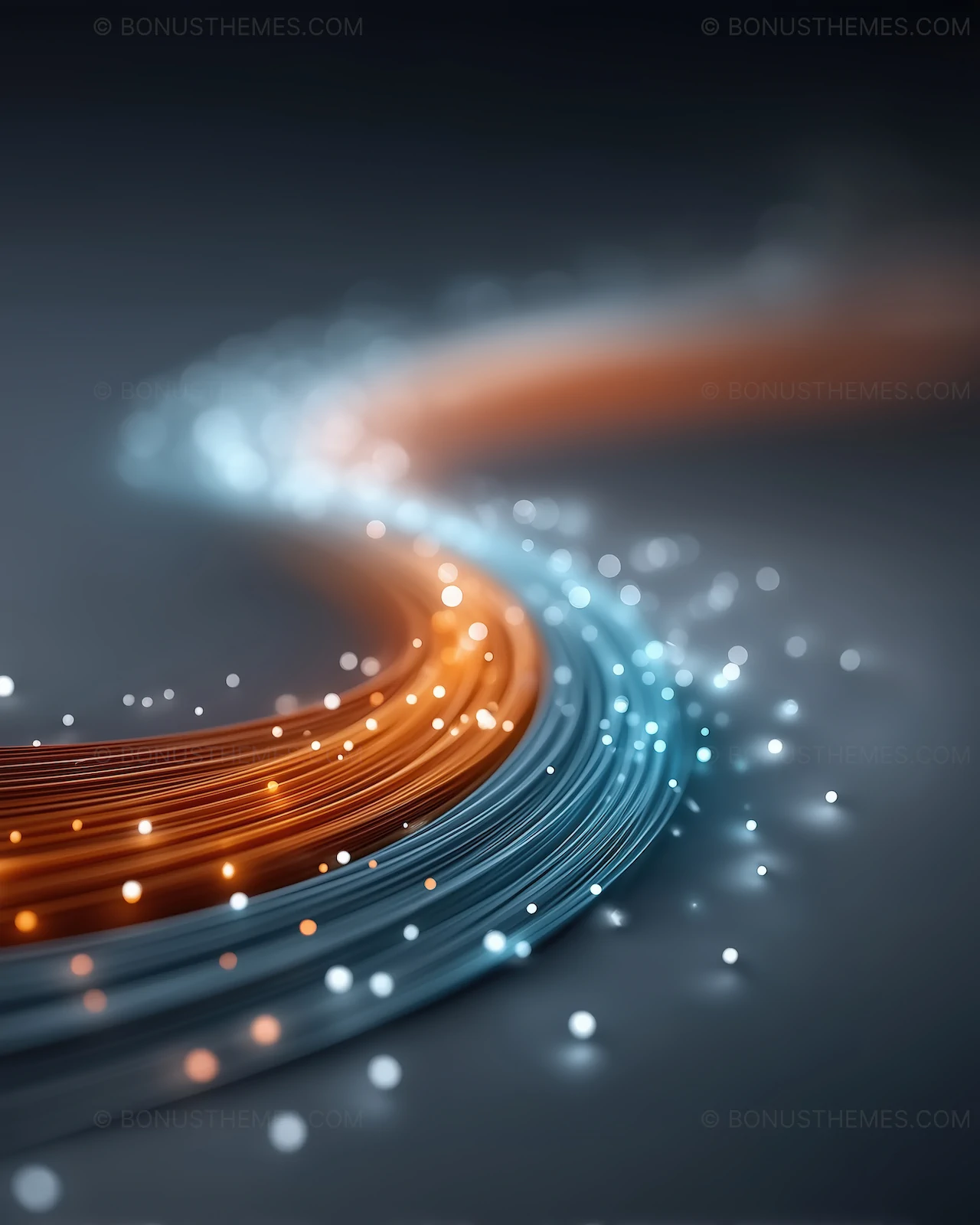 Flowing Blue and Orange Fiber Optic Cables with Bokeh Sparkles | Vibrant AI Generated Digital Connectivity Concept
