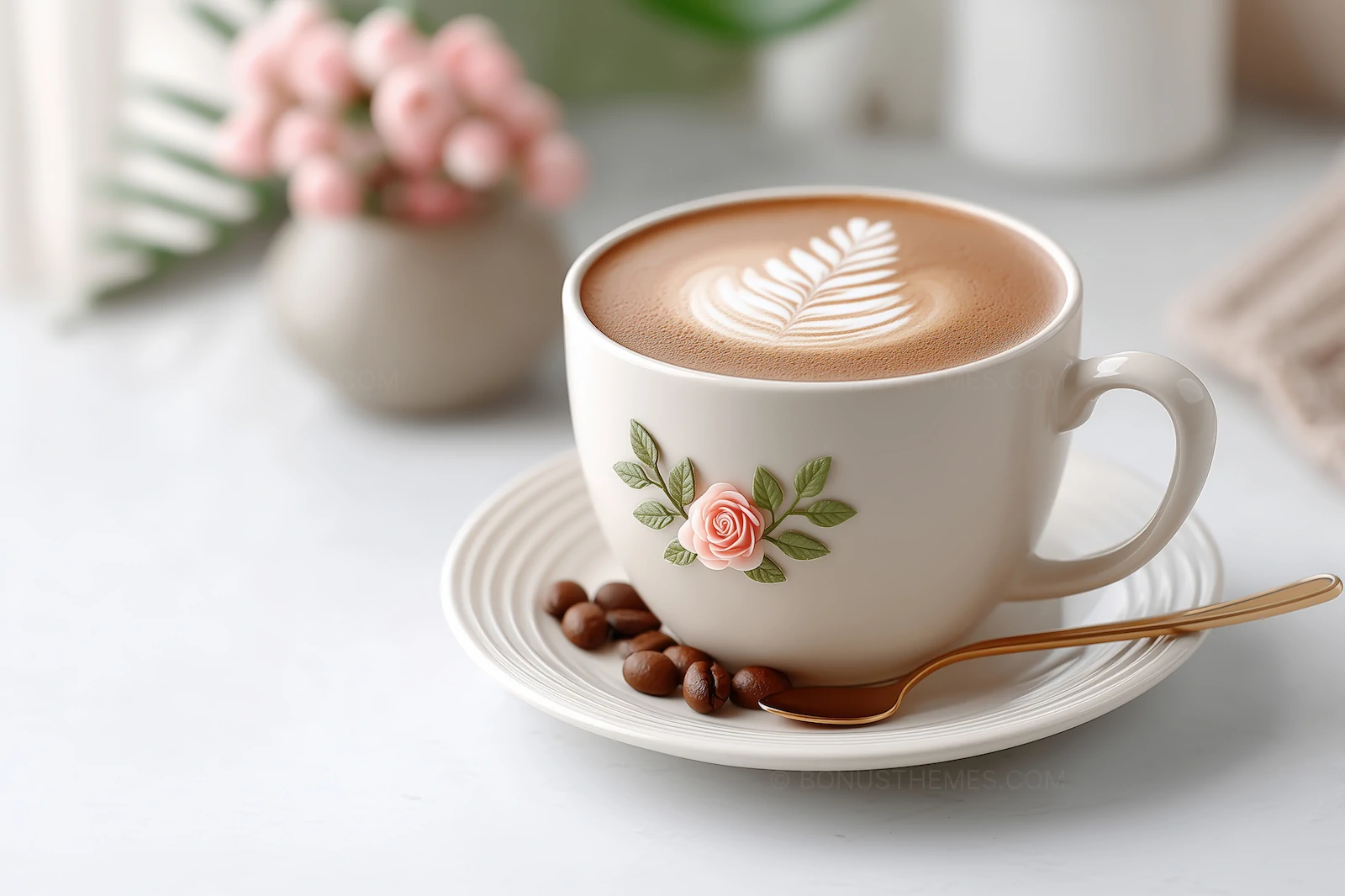 Elegant Cappuccino with Latte Art & Rose Detail | AI Coffee Image