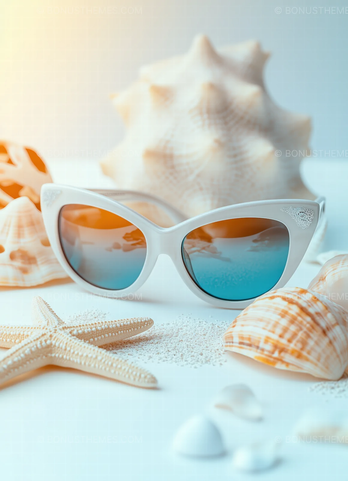 Elegant Summer Vision | White Cat-Eye Sunglasses with Beach Starfish and Shells AI Generated Mockup