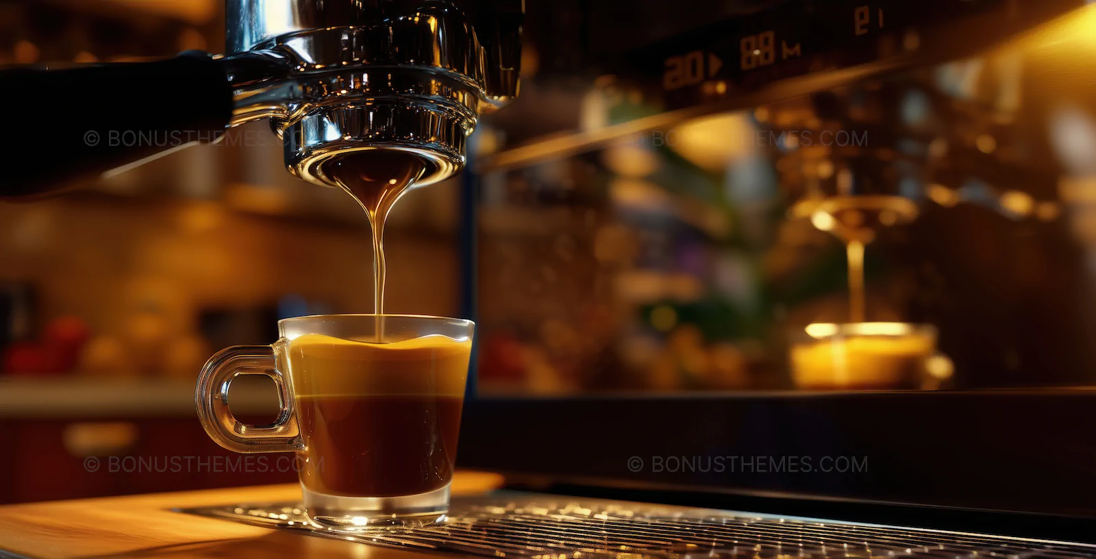 Professional Espresso Pouring into Glass Cup | Atmospheric AI Generated Coffee Machine Illustration