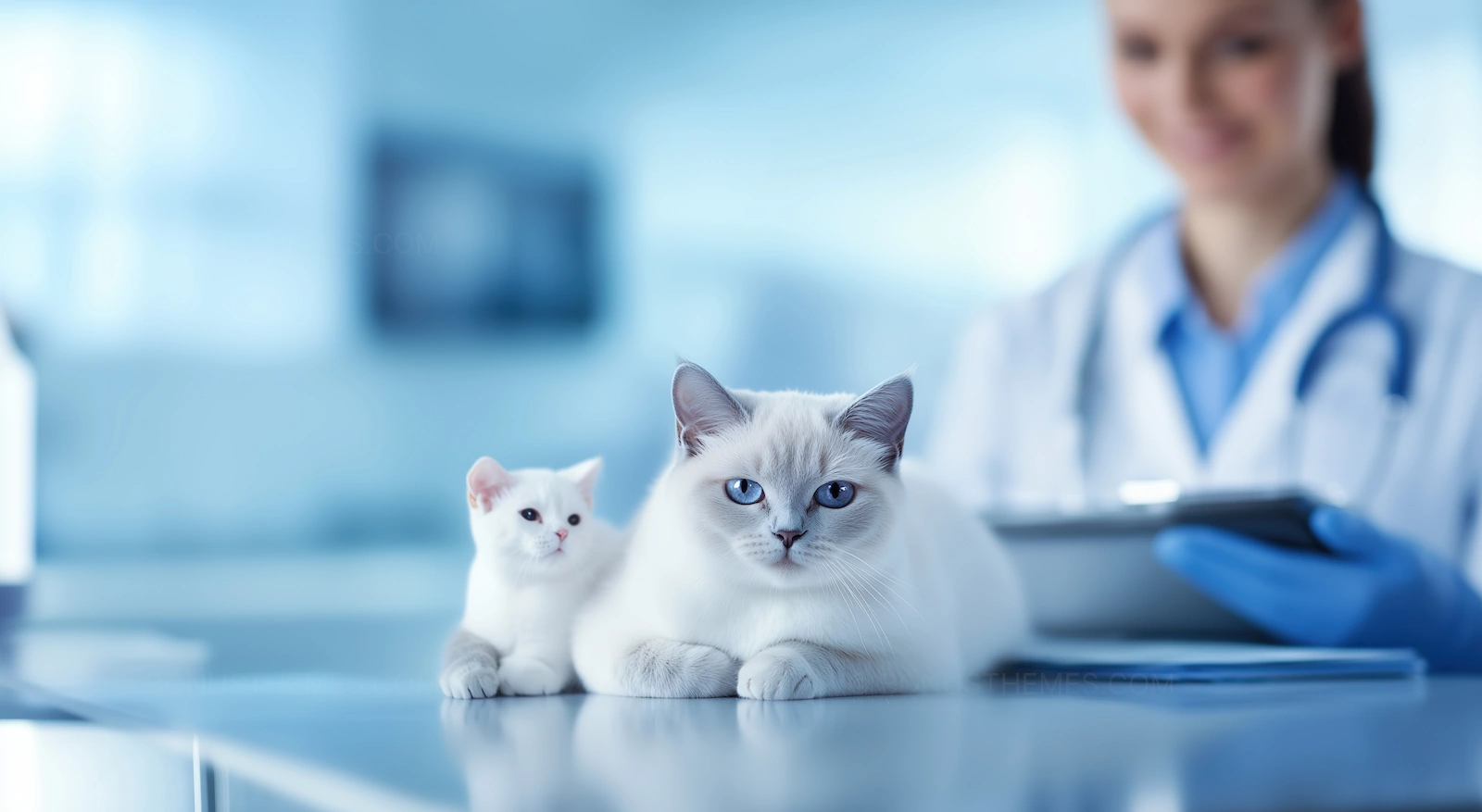 Veterinarian with White Cat and Kitten | Feline Veterinary Care AI Image