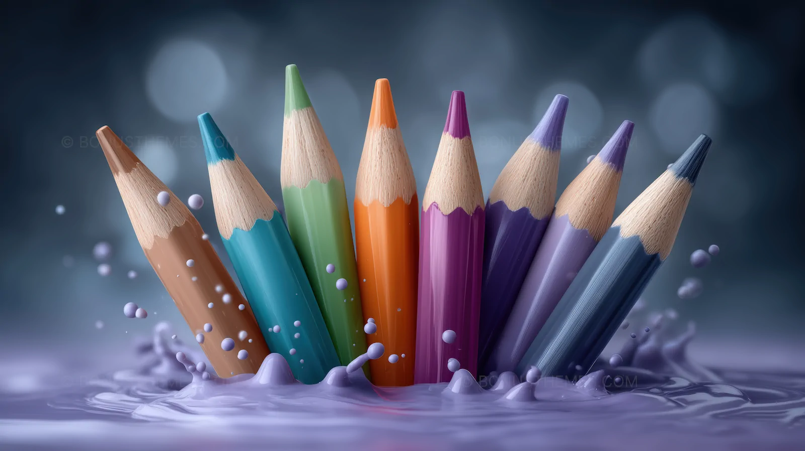 Floating Colored Pencils in Purple Paint Splash | Vibrant Art AI Image