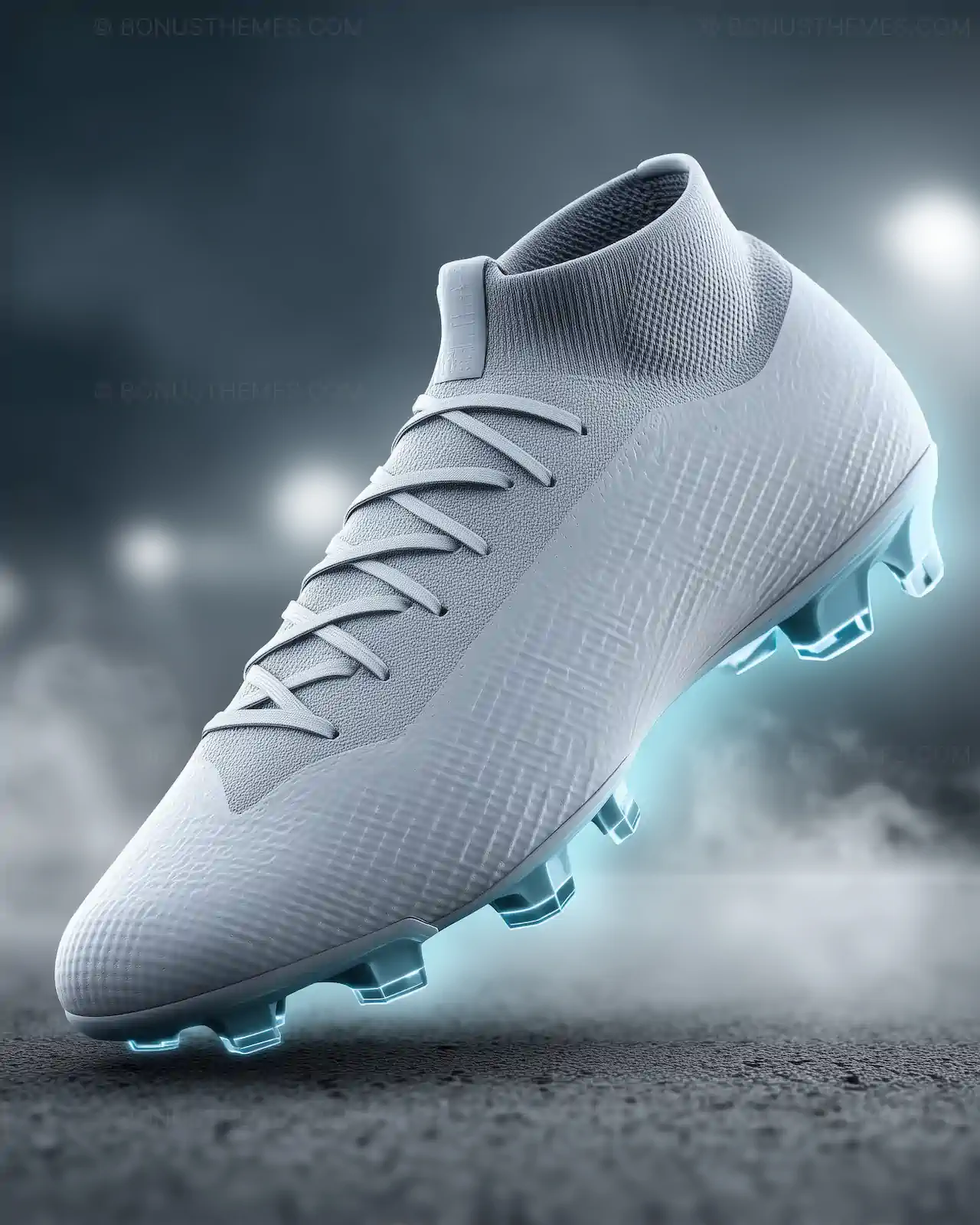Futuristic Silver Football Boot with Blue Neon Glow | AI Sports Gear Image