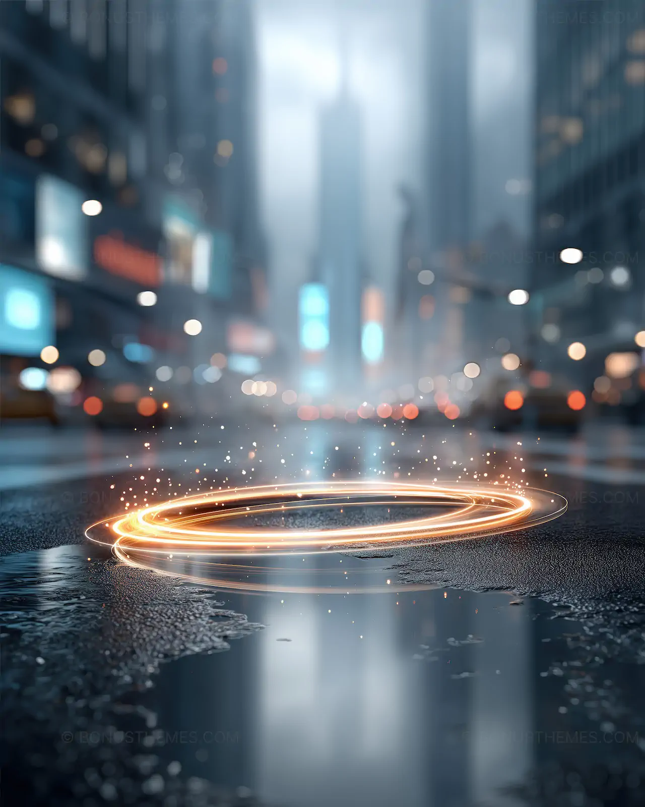 Glowing Golden Light Ring on Wet City Street | Cinematic AI Generated Futuristic Urban Night Scene