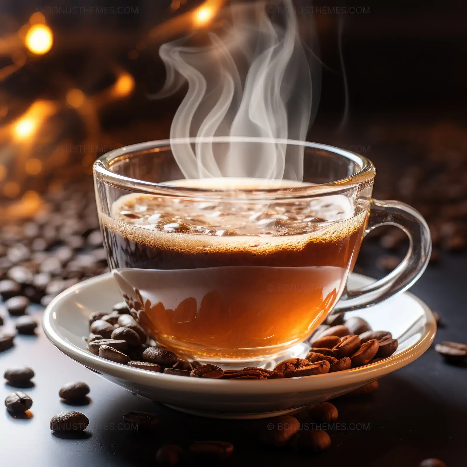 Glass Coffee Cup with Steam and Coffee Grounds on Saucer | Elegant AI Generated Beverage Image