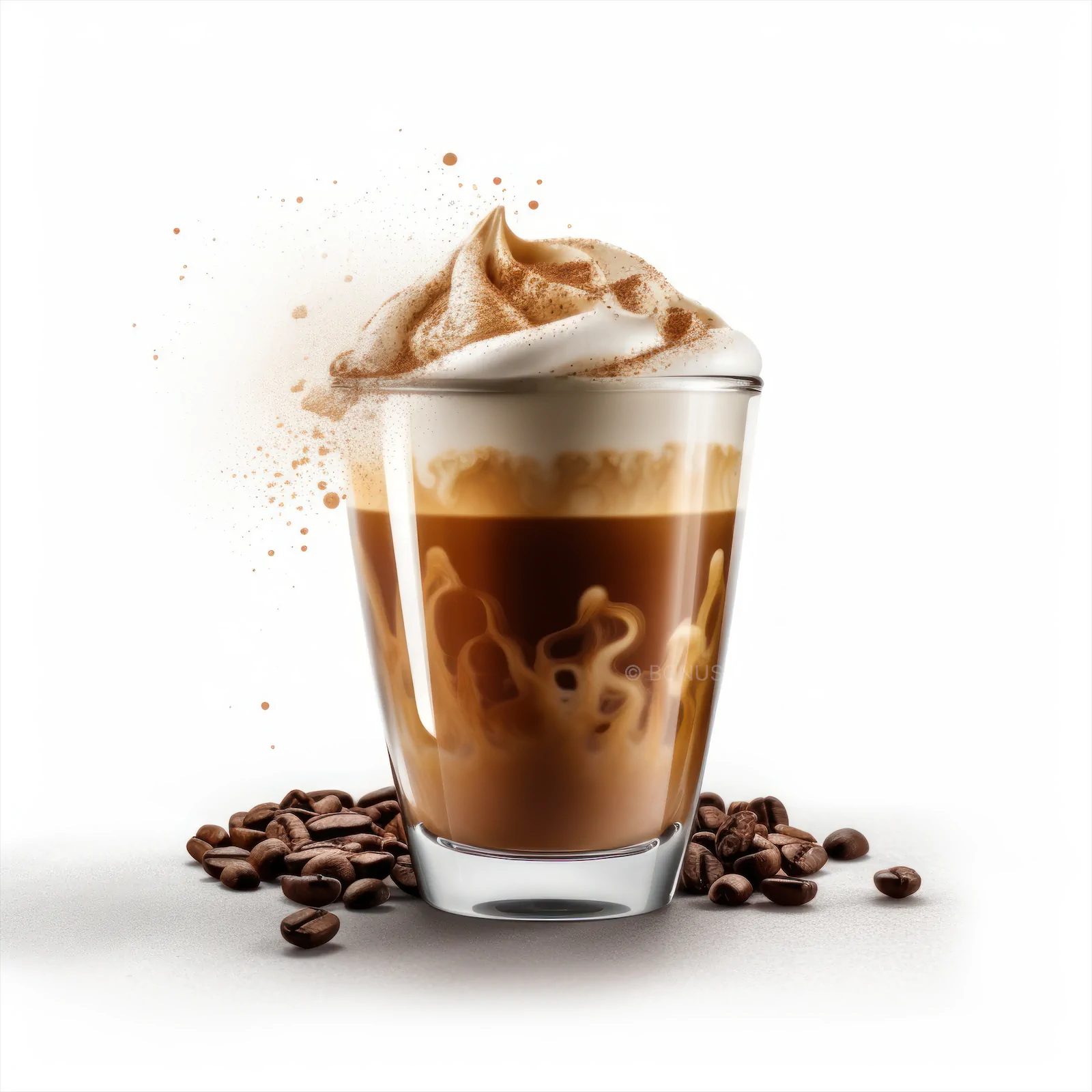 Glass Cup of Coffee with Whipped Cream & Coffee Beans | Indulgent AI Generated Beverage Image