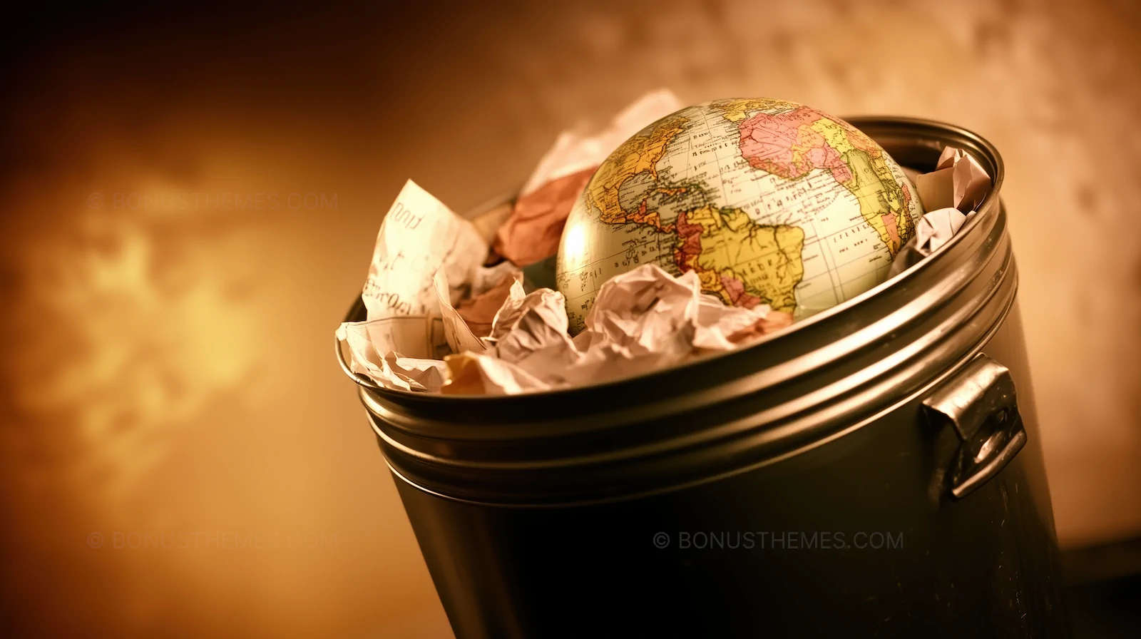 Globe Sitting in a Trash Can Filled with Paper | Environmental AI Image
