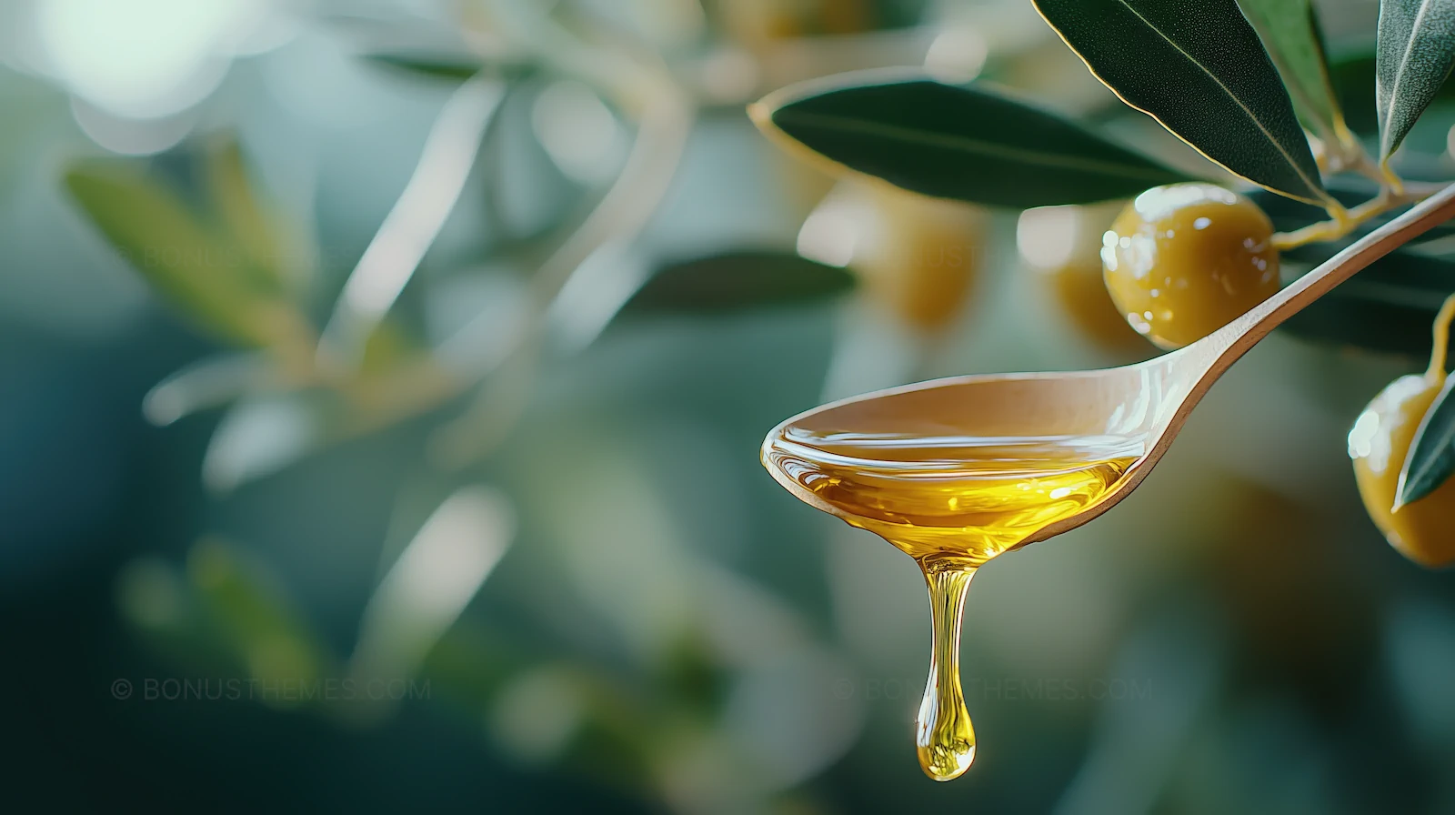 Golden Olive Oil Dripping from Wooden Spoon - Natural Food Concept | AI Image