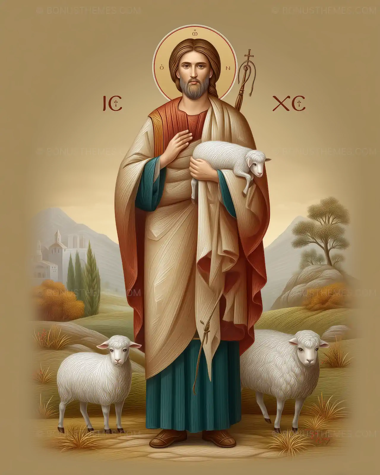Good Shepherd Jesus with Sheep - Holy Icon Style AI Generated Devotional Image