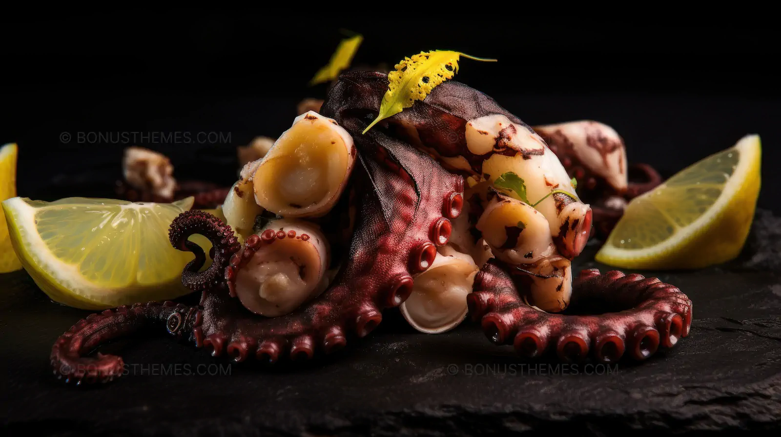 Gourmet Octopus Plate with Fresh Lemon | High-Resolution Seafood AI Generated Image