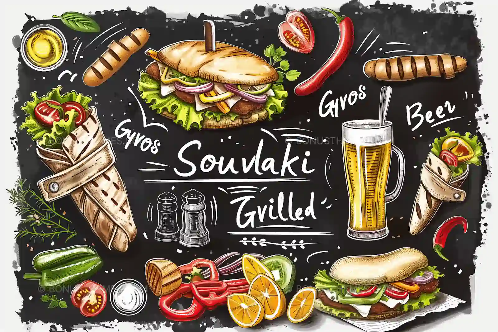 Greek Culinary Delights - Gyros Paper Placemat Illustration | AI Restaurant Art