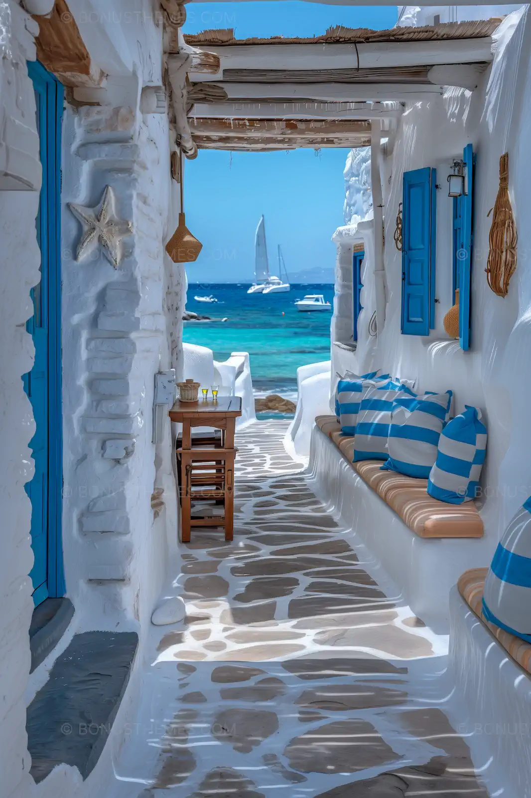 Greek Island Alleyway with Blue Shutters | Mediterranean Travel AI Image