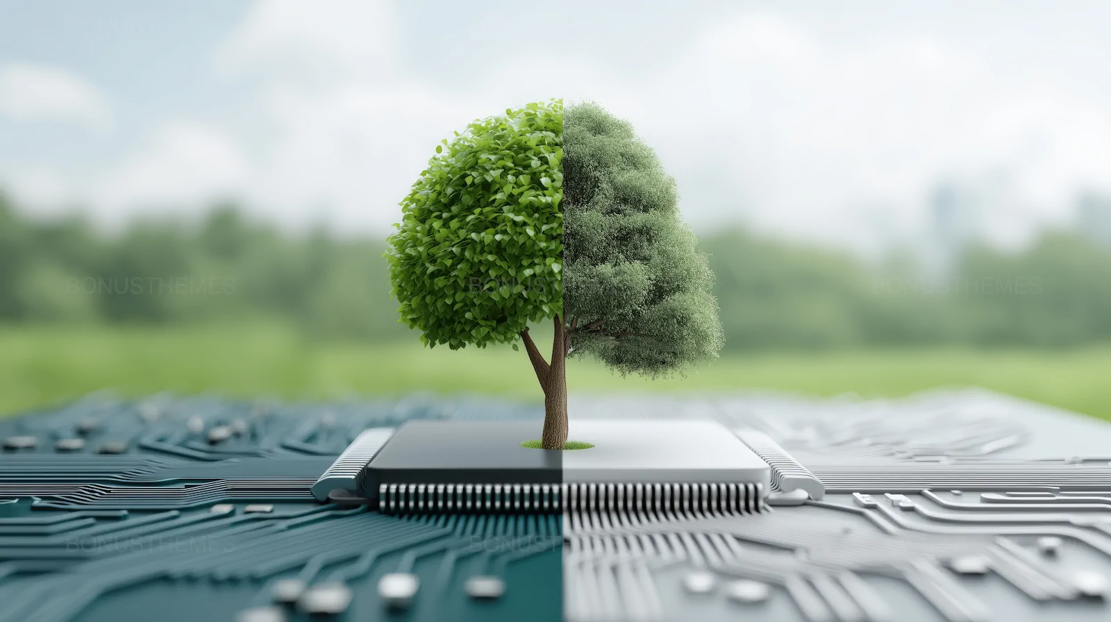 Green Technology Microchip with Tree Split Concept | Premium Digital Asset