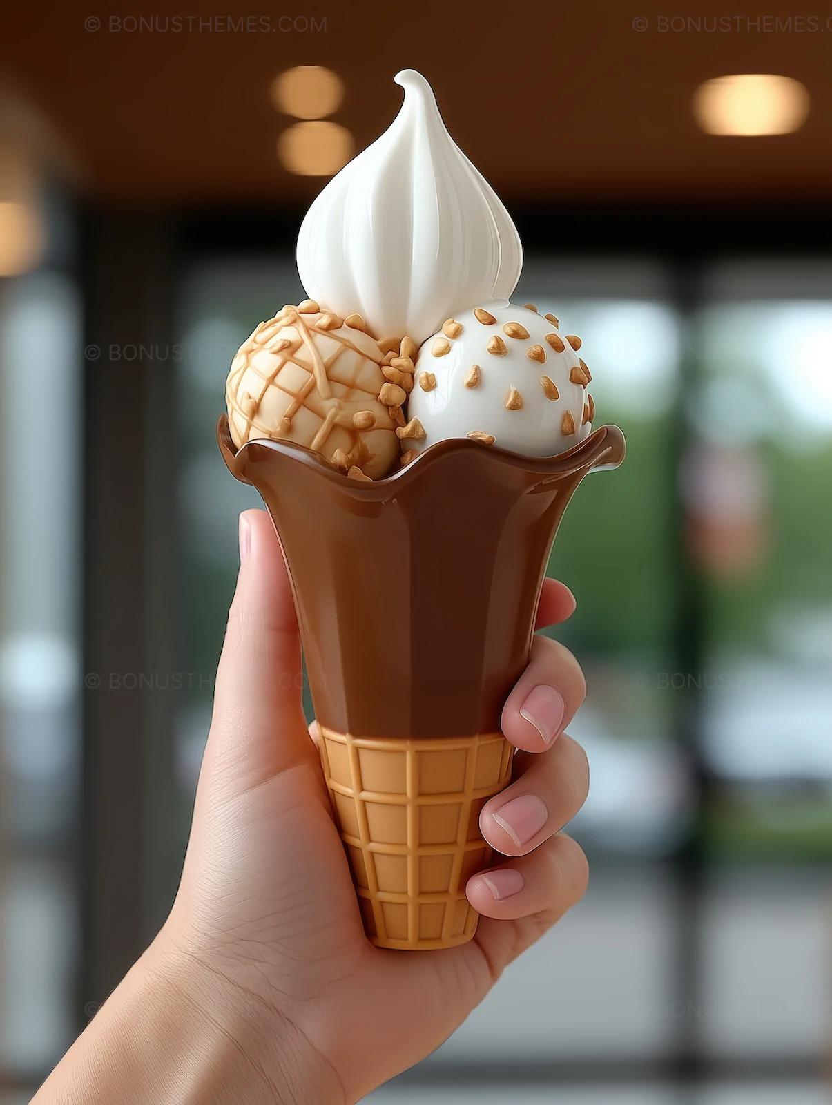 Hand Holding Chocolate and Vanilla Ice Cream Cone | Dessert AI Image